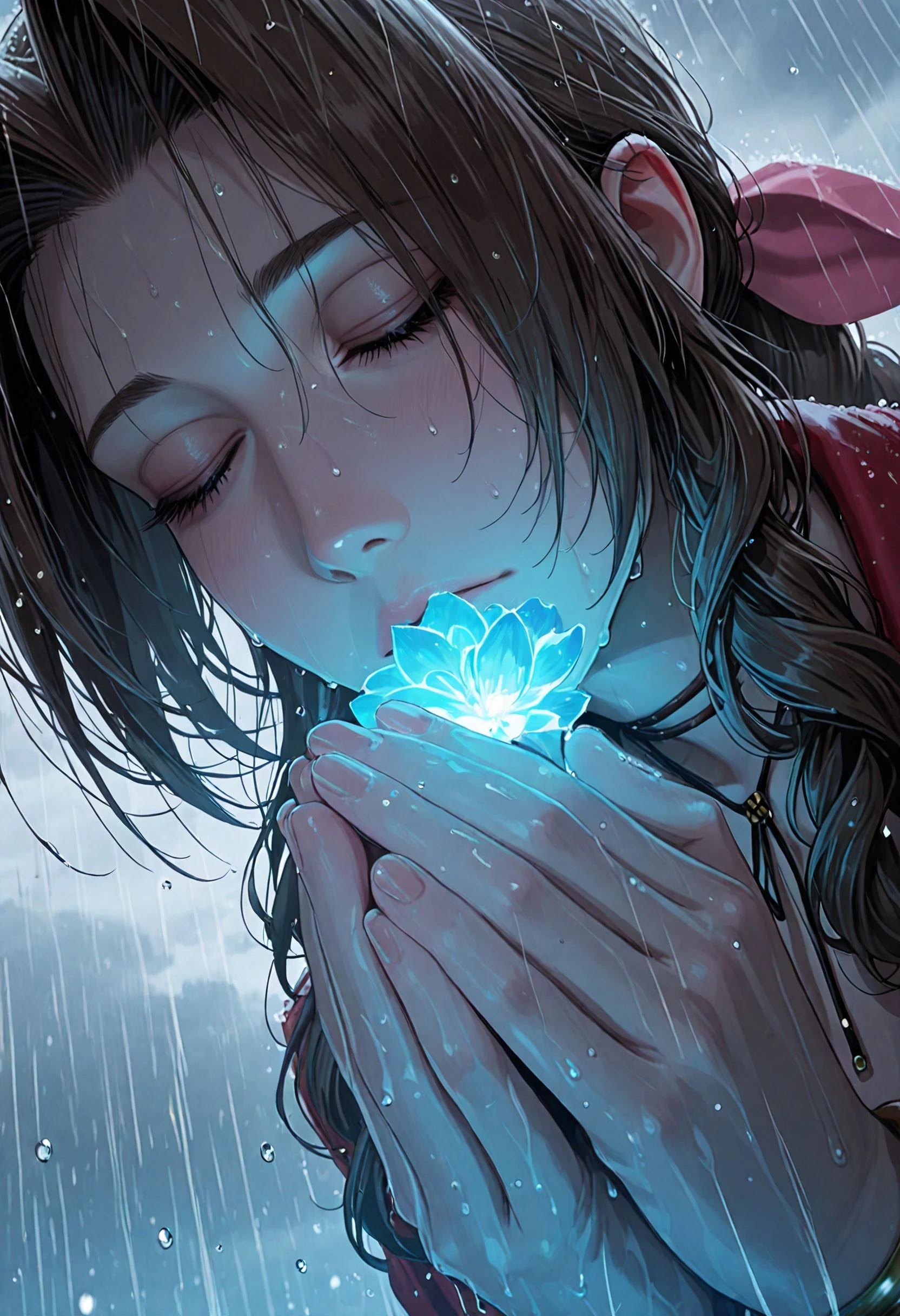 masterpiece, best_quality, amazing quality, newest, illustration, anime screencap, vibrant anime image, subject focus, line art, foggy, cold, cold weather, heavy rain, (water droplets, slow motion, time stop:1.1), surreal background, ethereal sky, cloudy sky, fantasy sky, dramatic lighting, cinematic look, reflection, realistic, anime screencap, anime coloring, clos_pers, close-up, perspective, masterpiece, very aesthetic, absurdres, water drop, masterpiece, best quality, amazing quality, very aesthetic, masterpiece, best quality, amazing quality, very aesthetic, detailed eyes, perfect eyes, realistic eyes, from below, aerith_gainsborough, green aura surrounding, blue ethereal, praying, intense focus, joined hands, closed eyes, kneeling down, raindrops, droplets,