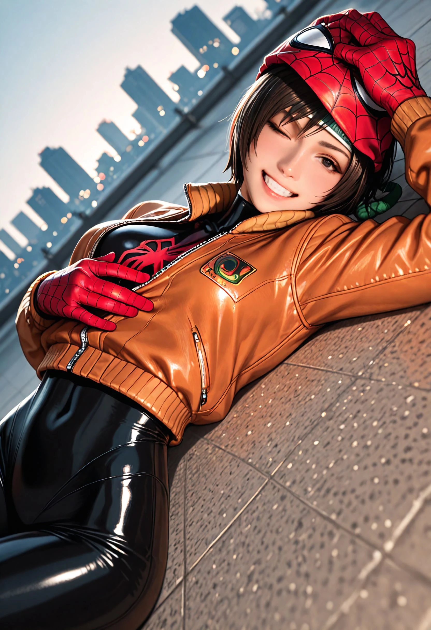 masterpiece, best quality, ultra-detailed, absurdres, 8K, highres, illustration, CG, amazing quality, intricate details, highly detailed, hyper-detailed, sharp focus, depth of field, realistic shading, beautiful lighting, cinematic lighting, HDR, volumetric lighting, raytracing, ambient occlusion, subsurface scattering, vibrant colors, soft lighting, smooth shading, reflective surfaces, ultra-detailed eyes, clear skin, shiny hair, gradient background, detailed background, BREAK, solo, yuffie (/final fantasy)/, orange bomber jacket, face reveal, rooftop skyscrapper, (spider-man suit:1.2), cityscape, own hand on mask removed, pulling up mask, (loose balaclava mask), (lifts spider-man mask off her head:1.5), one eye closed, selfie, showing her face, (lying on back, on floor), unmasked, smiling face, teeth, grin, from above, rating_safe