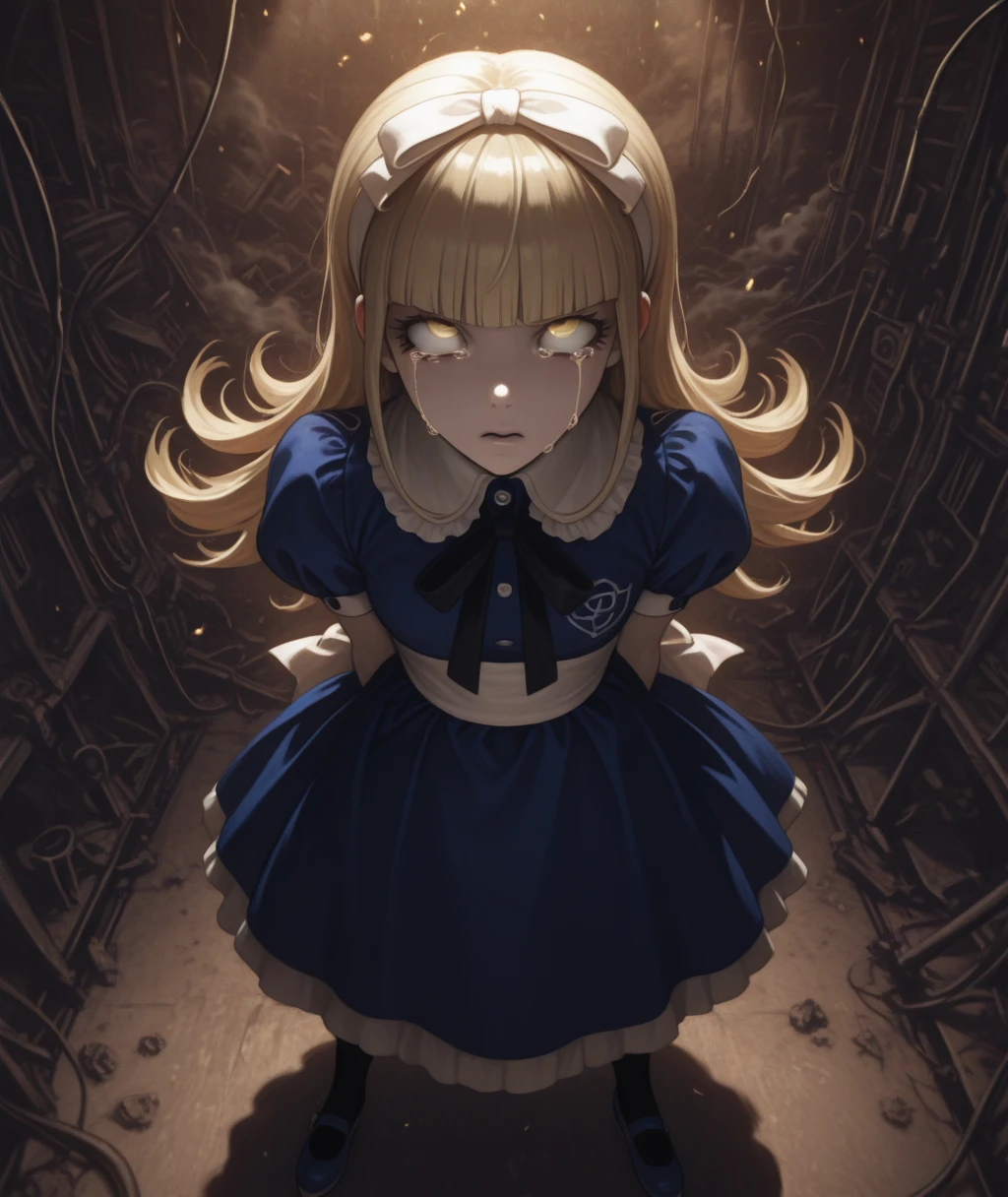 masterpiece, best quality, absurdres, <lora:Hyperrealistic_illustrious:1>,Hype4realistic ,   This is an anime screencap from Danganronpa 3.  , <lora:Devil_Survivor_Megaten_Megapack:1> , Straight-on , Perspective , rolling eyes  , 1girl,alice_(megami_tensei),blonde_hair,blue_dress,blunt_bangs,bow,demon_(megami_tensei),dress,eyelashes,flipped_hair,hair_ribbon,hairband,long_hair,megaten,puffy_sleeves,ribbon,shin_megami_tensei,short_sleeves,solo,yellow_eyes, shoes, blue_shoes , rooftop_view, tokyo_skyline, yamanote_line_visible, military_helicopters_circling, lockdown_perimeter, distant_explosions, smoke_rising, demon_portals_opening, rifts_in_reality, dimensional_tears, magical_barriers_shimmering, protective_enchantments, cosplay_convention_banners_torn, abandoned_stage, microphone_fallen, spotlight_broken, magical_girl_props_scattered, wand_glowing_faintly, transformation_compact_open