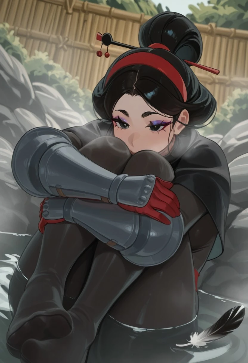 nia294, outdoors, undershirt, falling feathers, black , hair stick, hugging knees, knees to , gauntlets, eyeshadow, red gloves, two sides up, black capelet, red hairband, black eyes, 1girl, solo, feet, visible breath, dynamic angle, foreshortening, smell, steam, onsen, water