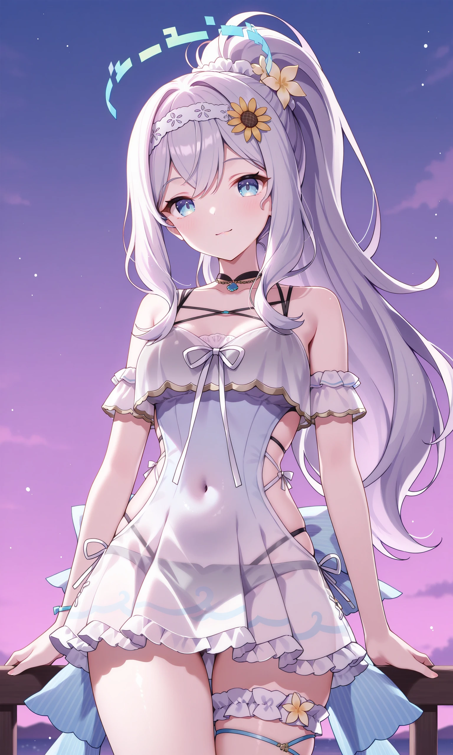 (Highest picture quality), (Master's work),(Detailed eyes description),(Detailed face description)(back view), 1girl,purple eyes, white hair,(very long hair),very long hair (floating in the wind), back-view, looking back, hair ornament, flower hair ornament. head band, ribbon, lingerie, bra, panties, slight exposed navel, visible shoulders, blush, pond, petals (lens flare), walking on pond, water reflection, pond, cleavage, medium breast, aurora sky, night sky, galaxy sky, horizon, mountains, forest, moon, (cover-style:1.3), fashionable, woman, vibrant, swimwear outfit, posing, front, colorful, dynamic, background, elements, shy, expression, holding, statement, accessory, majestic, coiled, around, touch, scene, attention-grabbing, catchy, modern, trendy, focus, fashion, realistic lighting, extreme blushing
