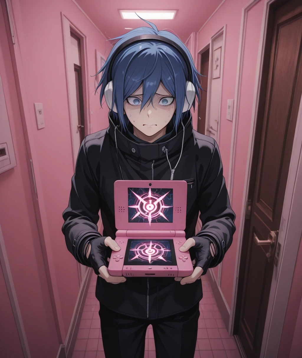 masterpiece, best quality, absurdres, <lora:cryostyle:0.8>, cryos2 ,   This is an anime screencap from Danganronpa 3.  , <lora:Devil_Survivor_Megaten_Megapack:0.4> , Straight-on , Perspective , nervous  , 1boy,blue_hair,devil_survivor_(series),devil_survivor_1,fingerless_gloves,gloves,handheld_game_console,headphones,nintendo_ds,pants,protagonist_(devil_survivor),megaten , apartment_complex_hallway, residential_tokyo_building, mailboxes_broken_open, door_locks_forced, emergency_evacuation_notices, demon_summoning_ritual_apartments, magical_girl_fan_club_meeting_room, pink_energy_apartment_door, transformation_privacy_barriers, costume_sharing_network, magical_supply_distribution_center, supernatural_neighborhood_watch, reality_protection_wards, dimensional_safe_house_network