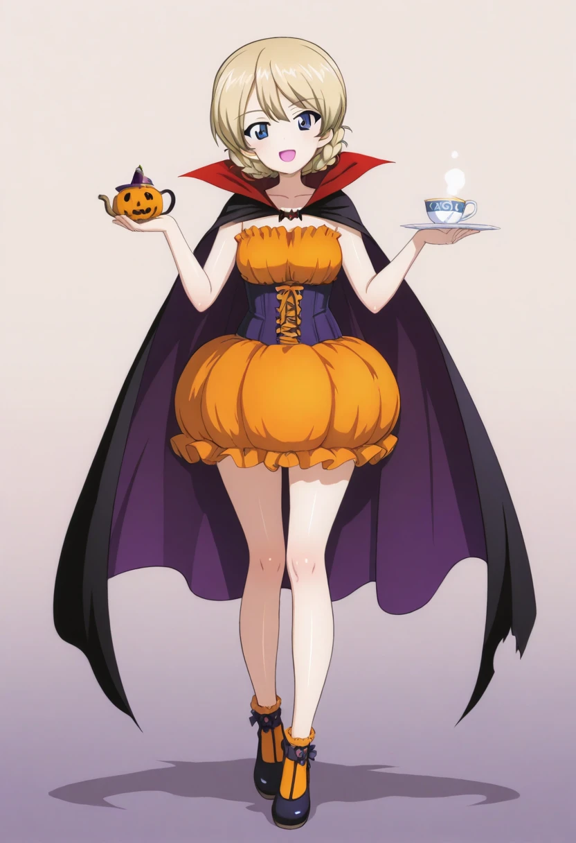 masterpiece,best quality,amazing quality, darjeeling (girls und panzer), short hair, blonde hair, blue eyes, 1girl, solo, cup, cape, braid, teacup, open mouth, smile, looking at viewer, orange skirt, halloween costume, dress, halloween, full body