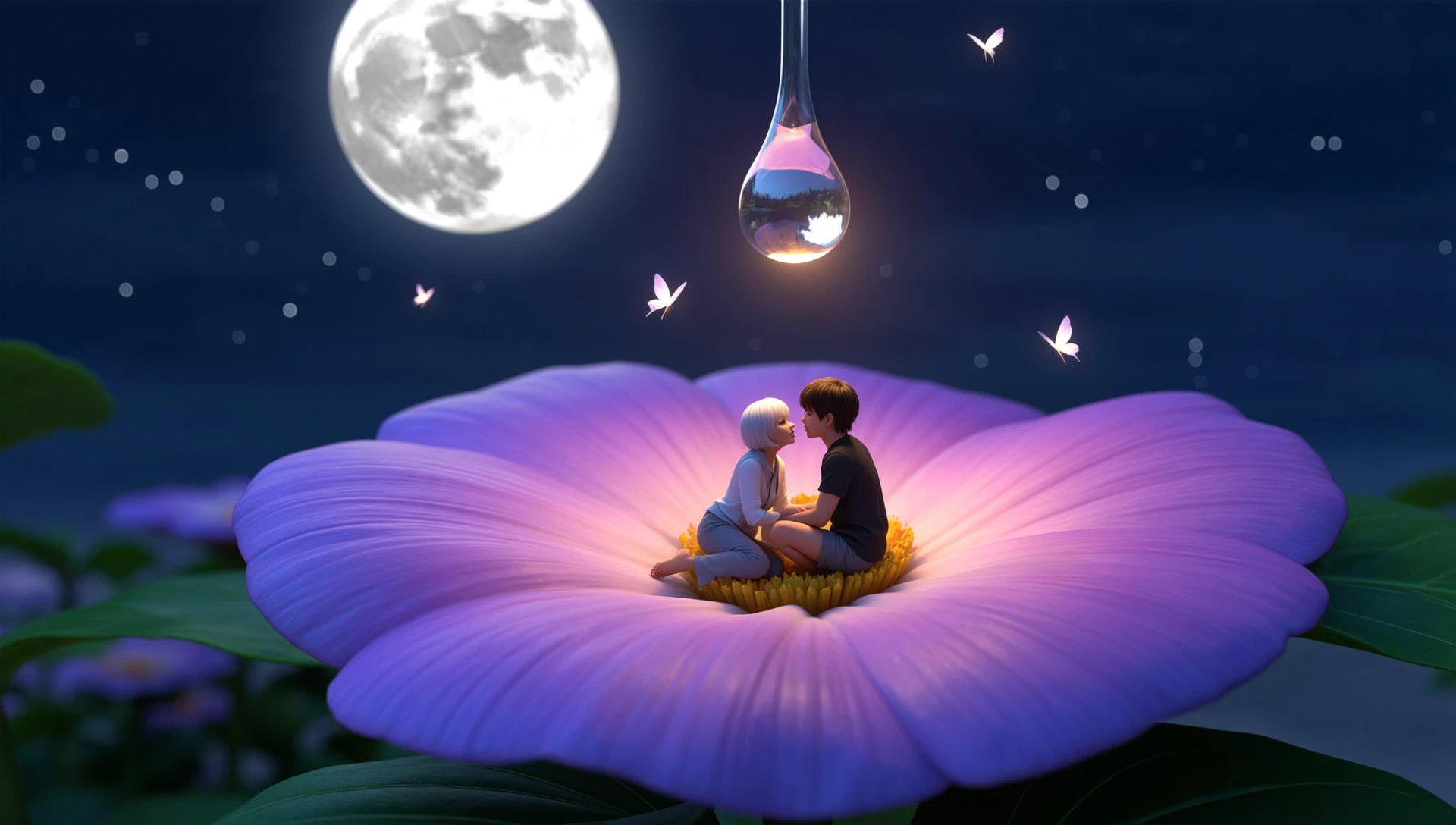 Extremely tiny mini couple stargazing from the curve of a flower petal, captured in a dreamy anime romance style under a full moon.
A wide 16:9 frame shows a soft-focus nighttime garden scene. The two shrunken loversâyoung adults with modest clothing made from tissue scrapsâlie side by side on a violet petal that cradles them like a hammock. Above, the stars are massive and luminous, and the moon hangs huge and low. Fireflies drift through the air like floating lanterns.
The style is soft and romanticâgentle gradients, pastel blues and purples, glints of moonlight on dew-covered leaves. Subtle glows and blushes accent their faces as they whisper to each other. Their tiny hands are clasped, with their legs just brushing. A bead of water above them reflects a distorted moonlit sky.
The mood is nostalgic and emotional, evoking feelings of fleeting summer nights and fragile connection. Light instrumental piano or orchestral strings would underscore the scene.