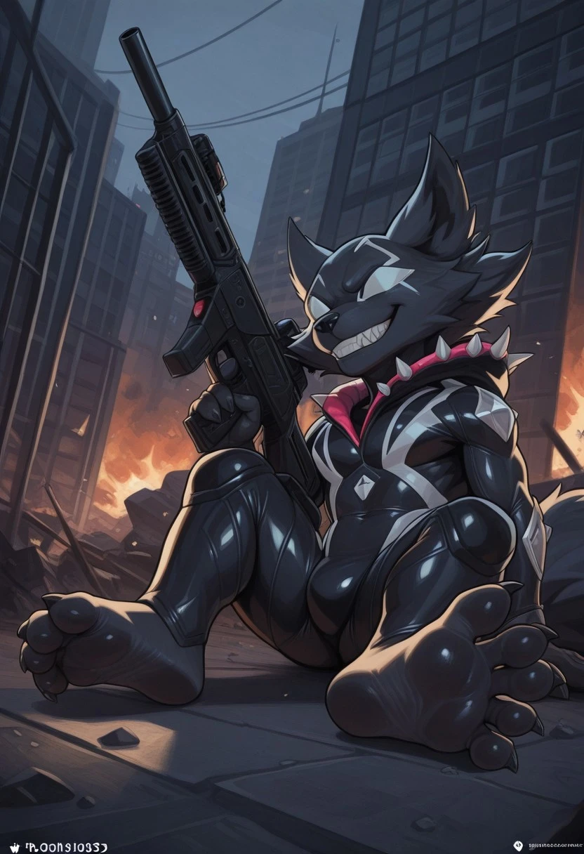 masterpiece,best quality,amazing quality, 1boy,solo,R0cket Rac00n,V3nomiz3d,holding gun,outside,feet,soles,paws,