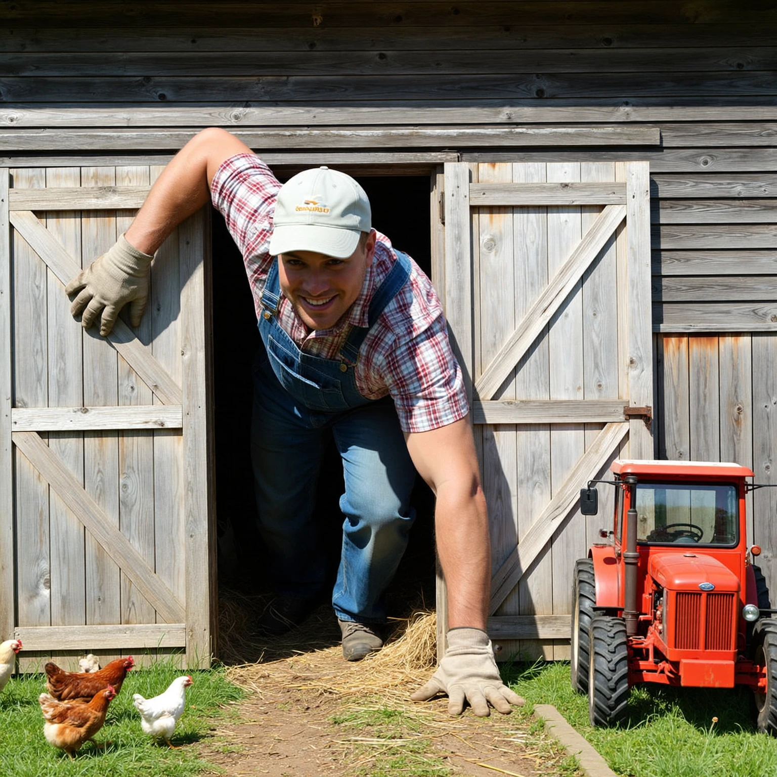 Extremely tall giant man dressed in simple farmerâs clothingâoveralls, plaid shirt, and dirt-scuffed work glovesâcrawling slowly on all fours through the yawning open gate of a rustic wooden barn in a sunlit rural clearing. Her enormous hands press into the soil, leaving deep impressions in the straw-scattered dirt path outside the barn. The sliding doors are pushed open to their limits, wooden planks splintering slightly at the hinges as his wide shoulders push through, forcing the building to bow outward around his frame.
Outside, chickens scatter beneath him, dwarfed and panicked, and a rusted tractor nearby looks more like a model beside her elbow. His hair is under a faded baseball cap, and the knees of his jeans are stained with earth. A few strands of hay cling to her elbow and the side of his cheek. He smiles slightly, eyes squinting in the sun, clearly unfazed by her surroundings or the mismatch of proportions. The barn creaks ominously as more of his figure emerges. The perspective is exaggeratedâshot from low to the groundâemphasizing his overwhelming presence and the surreal charm of a man simply trying to exit a building clearly never meant to hold her.