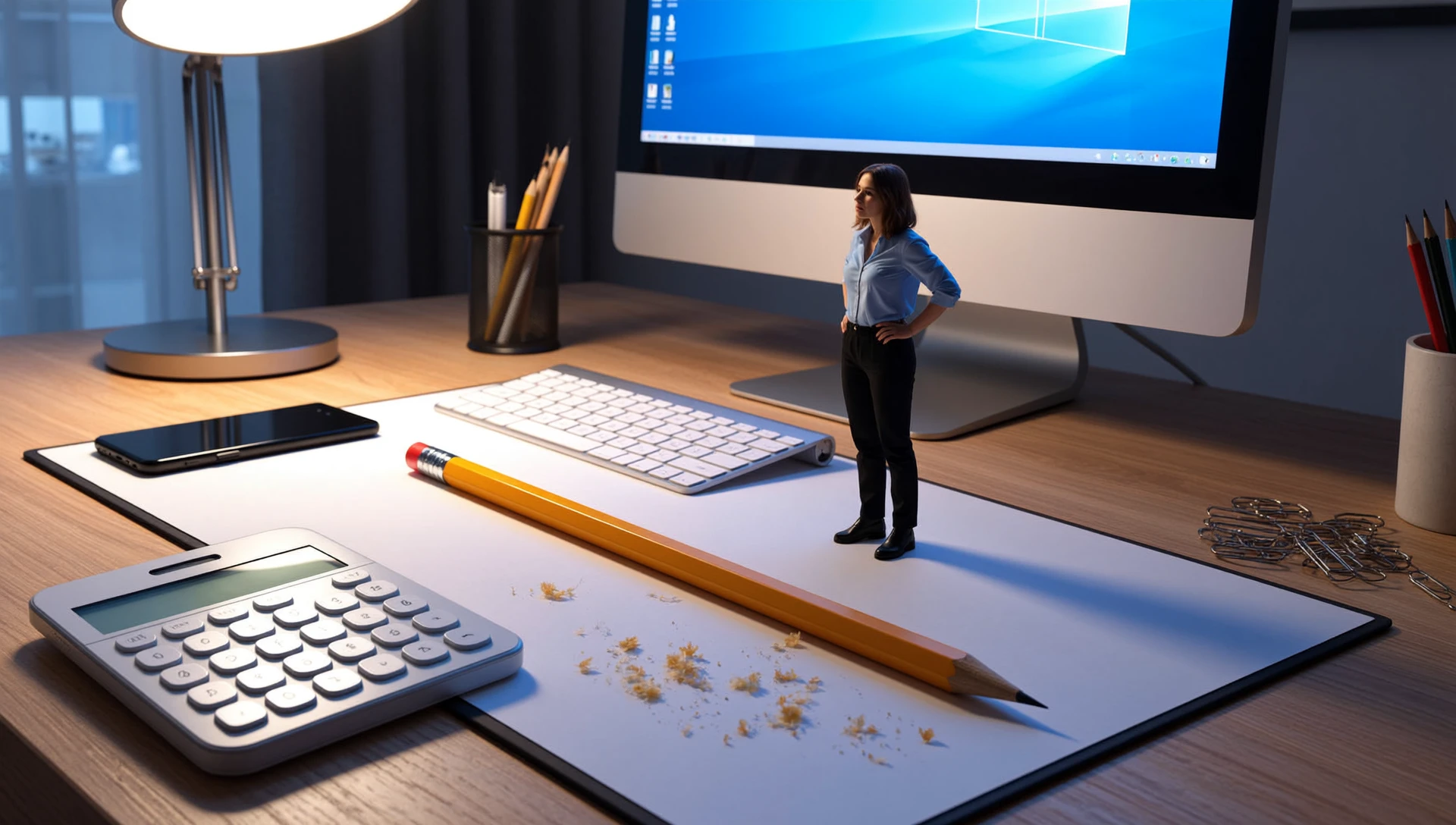Mid-2010s office environment photograph using controlled window light and soft desk lamp illumination, with sharp macro lens detail and a neutral white balance for natural realism.
In a 16:9 frame, an expansive laminate office desk stretches across the foreground. A shrunken woman in a casual button-up and black slacks stands near the center of the desk, between an enormous yellow pencil, a glossy black calculator, and a large mouse pad. To her right, a smartphone screen glows faintly, casting cool tones. Farther back, a computer monitor towers behind her like a building facade. Paperclips nearby resemble iron girders. She stands with her hands on her hips, dwarfed by the workspace around her. The deskâs texture is hyper-detailed, with visible fibers and tiny eraser shavings the size of backpacks.