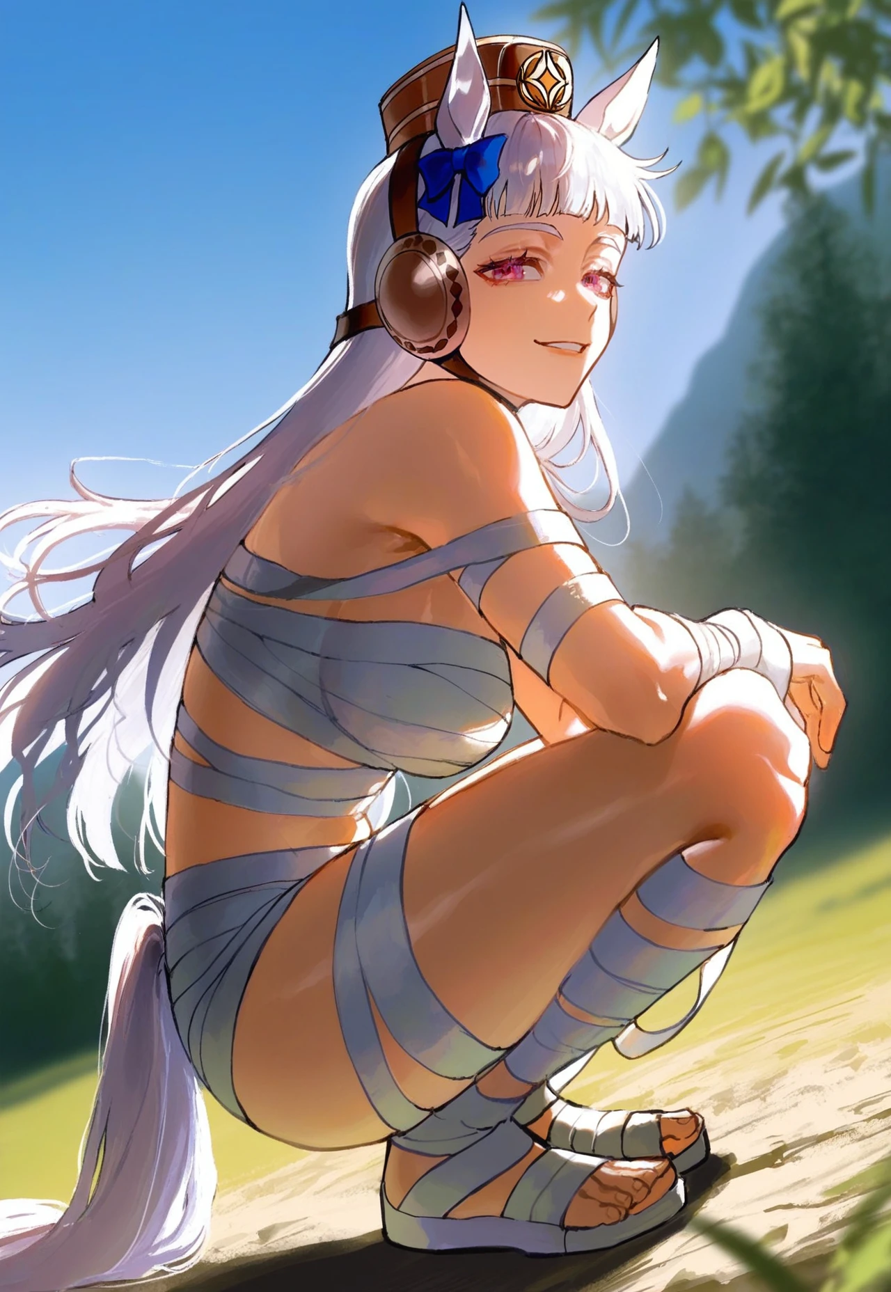 artist:nyantcha:0.6, artist:quasarcake:0.6, artist:ciloranko:0.8, very eyecatching,
1girl, mummy costume, , gold ship \(umamusume\), light smile, confident expression, closed mouth, parted lips, full body, squatting, dynamic pose:0.6, dutch angle, from side:0.1, blue sky, nature, outdoors, blurry background,
very awa, masterpiece, best quality, very aesthetic, absurdres, 4k, stylized, newest, digital art, cinematic look, <lora:mummy_costume:1>