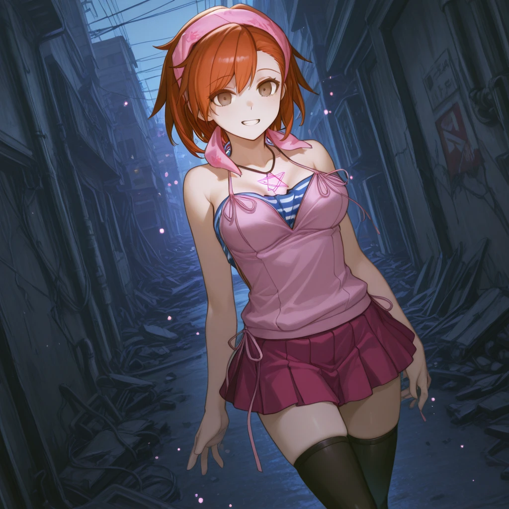 masterpiece, best quality, absurdres, <lora:cvle01_v2_32_ILLU01:1>,cvle01 ,   This anime screencap is from Danganronpa the Animation.  , <lora:Devil_Survivor_Megaten_Megapack:1> , Dutch angle , Vanishing point , grin  , 1girl,solo,bandana,bandeau,black_thighhighs,camisole,devil_survivor_(series),devil_survivor_1,handheld_game_console,miniskirt,nintendo_ds,brown_eyes,orange_hair,ribbon,skirt,strapless,tanigawa_yuzu,thighhighs,tube_top,zettai_ryouiki,megaten , abandoned_street, tokyo_cityscape, power_lines_down, broken_glass, debris_scattered, government_barrier, military_checkpoint, warning_signs, emergency_lights, apocalyptic_atmosphere, urban_decay, concrete_barriers, barbed_wire, no_electricity, dark_alleyways, shadowy_corners, demon_summoning_circles, glowing_pentagram, magical_energy, pink_sparkles, cosplay_accessories_scattered, magical_girl_transformation_effects