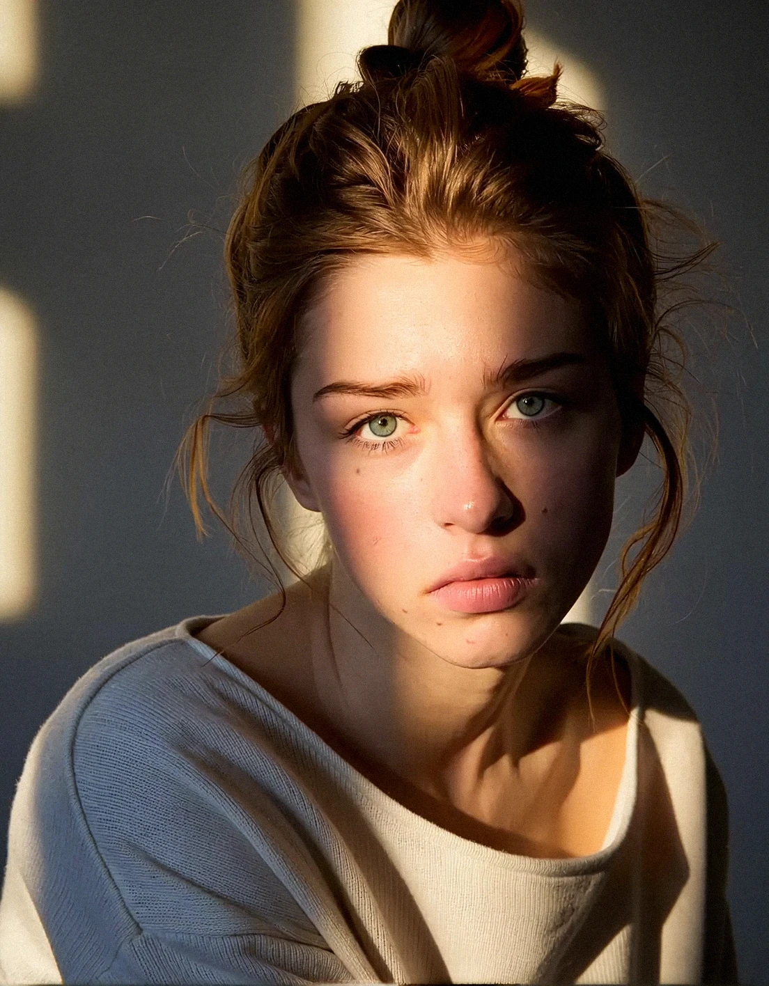 A photo-realistic portrait of a young woman with a thoughtful expression, captured from a close-up angle. the woman, located in the middle of the frame, has fair skin, blue eyes, and brown hair styled in a messy bun. she is wearing a light-colored sweater that is slightly wrinkled, and her expression is contemplative. the lighting is soft and warm, casting gentle shadows on her face and upper body. the background is blurred, allowing the focus to remain on the subject. the overall mood of the image is somber and melancholic.
1girl, solo, looking at viewer, brown hair, closed mouth, upper body