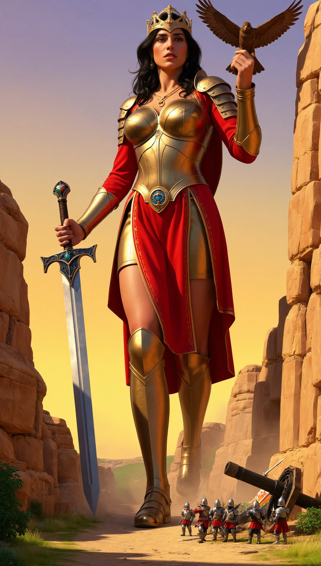 Extremely tall giant queen towering over a medieval battlefield at golden hour, rendered in painterly brushstrokes evocative of vintage fantasy book covers by artists like Boris Vallejo and Michael Whelan.
The scene depicts the aftermath of a skirmish in a dry, sun-baked canyon. The golden sky casts long shadows as the giant queen, clad in regal crimson and gold armor etched with runes, surveys the valley below. Her feet are planted on opposite cliffs, effortlessly straddling the narrow pass. Her hair flows in dark waves, adorned with a crown made of twisted obsidian.
Tiny knightsâant-sized to herâstand in broken ranks near a shattered trebuchet. In one hand she holds a massive jeweled sword, its blade still glowing faintly with magical energy; in the other, she carries a wounded hawk the size of a sparrow. Her expression is proud and mournful, as if burdened by her own power.
The composition uses a vertical frame to emphasize her divine height against the comparatively miniature terrain. Dust swirls at her heels and the warm, golden light paints her armor and skin in radiant hues. The sky behind her fades into a dreamy purple.