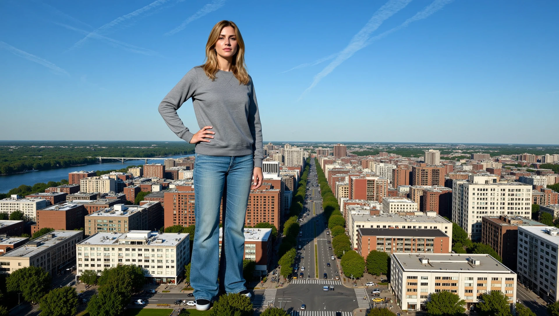 Extremely tall giant woman seen from a wide-angle aerial perspective, standing calmly in the middle of a sprawling cityscape at late morning, dwarfing all surrounding buildings. She is dressed in casual clothesâa gray sweatshirt and loose-fitting jeansâand stands with one hand on her hip, surveying the tiny world beneath her. The city grid around her is alive with motion: cars braking suddenly, pedestrians frozen mid-crosswalk, and rooftops swarmed with onlookers.
The image, captured from a high-altitude drone or news chopper, uses extreme wide-angle distortion to emphasize her massive scale against the structured geometry of downtown streets. Her long shadow stretches across a half-dozen city blocks. Reflections of her figure ripple faintly on the river running behind the skyline. Above, pale blue sky is streaked with high-altitude contrails, contrasting the raw, grounded chaos below. She is impossibly large, but the pose and composition present her not as a monster, but a displaced beingâcalm, present, and utterly transformative within the frame.