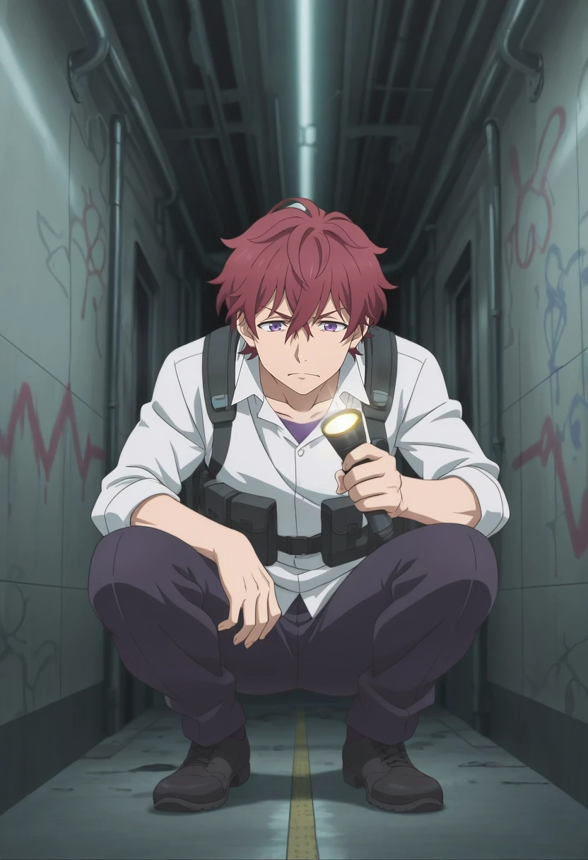masterpiece, best quality, amazing quality, very aesthetic, high resolution, ultra-detailed, absurdres, newest, colorful, highest detailed, very awa, , anime screencap, , official style,, 1boy, solo, male focus, <lora:yuu_setoguchi_ilxl:0.9>, yuu_setoguchi, red hair, purple eyes, short hair, , crouching, wary expression, abandoned subway tunnel, urban explorer gear, flickering flashlight beam, close-up, graffitied walls, puddles reflecting light, echoing footsteps, tense, mysterious, detailed urban decay, sharp focus, muted tones, clear view