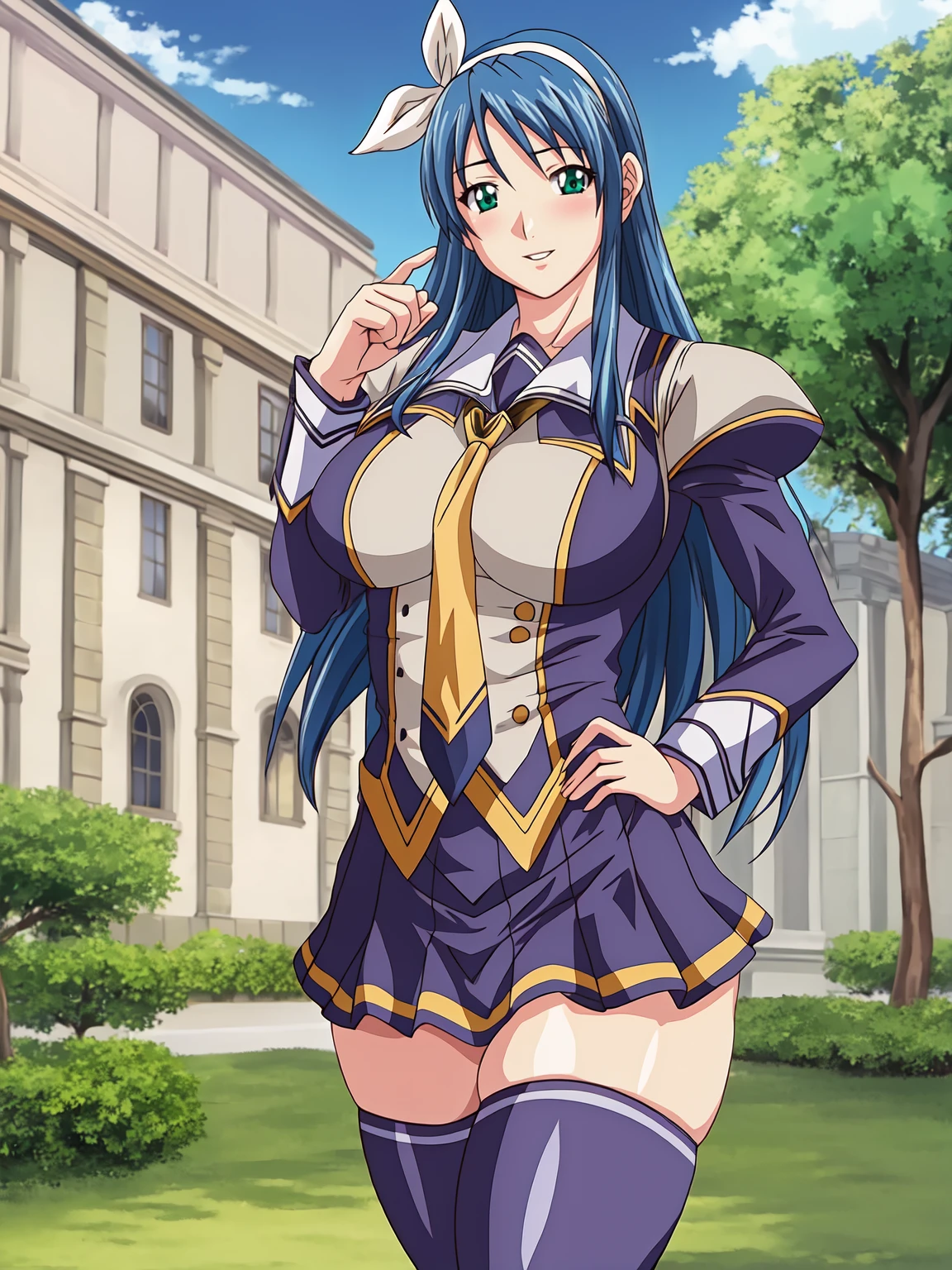 masterpiece, high quality, anime coloring, shiny skin,
Otokawa Saori, 1girl, cowboy shot, contrapposto, standing, v, hand up, solo, mature female, hand on own hip,
looking at viewer, blush, parted lips, smile, head tilt,
blue hair, long hair, green eyes, hairband, white ribbon, hair ribbon,
purple school uniform, two-tone jacket, necktie, pleated skirt, purple thighhighs, yellow trim,
large breasts, thighs, curvy,
outdoors, blue sky day, sidelighting, shadow, tree, garden, building,
<lora:Otokawa Saori SD1.5 Animefull:1> 5 fingers