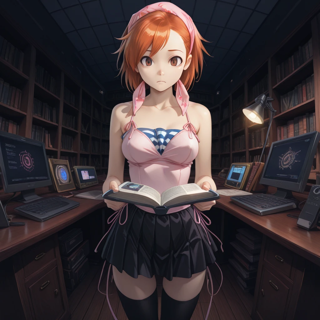 masterpiece, best quality, absurdres, <lora:86nononostyle:1>, glossy, modern,  <lora:Devil_Survivor_Megaten_Megapack:1> , Straight-on , Fisheye , thinking  ,1girl,solo,bandana,bandeau,black_thighhighs,camisole,devil_survivor_(series),devil_survivor_1,handheld_game_console,miniskirt,nintendo_ds,brown_eyes,orange_hair,ribbon,skirt,strapless,tanigawa_yuzu,thighhighs,tube_top,zettai_ryouiki,megaten, library_interior, towering_bookshelves, reading_tables_overturned, computers_displaying_demon_summoning_programs, ancient_occult_texts, magical_girl_manga_collections, pink_energy_reading_lamps, transformation_study_carrels, costume_research_materials, magical_spell_reference_books, supernatural_knowledge_repository, reality_manipulation_manuals, dimensional_library_archives, forbidden_knowledge_sections