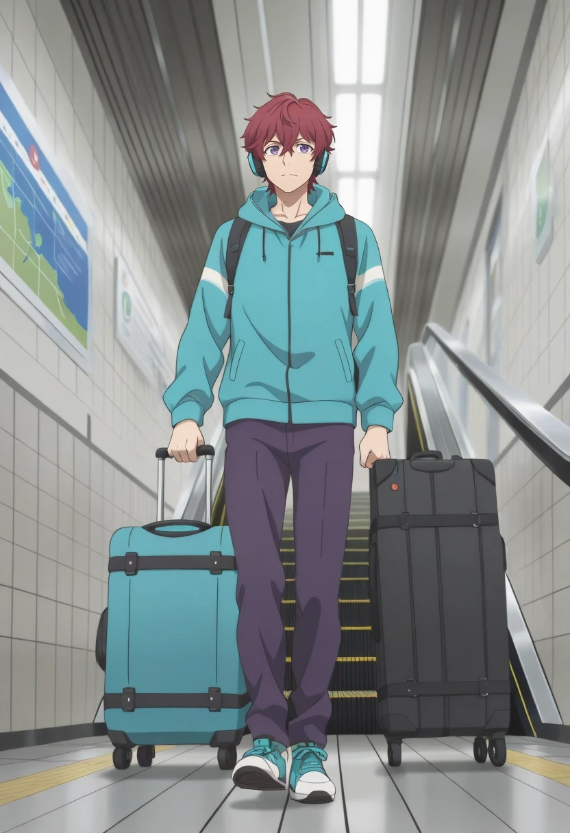 masterpiece, best quality, amazing quality, very aesthetic, high resolution, ultra-detailed, absurdres, newest, colorful, highest detailed, very awa, , anime screencap, anime coloring, official style,, 1boy, solo, male focus, <lora:yuu_setoguchi_ilxl:0.92>, yuu_setoguchi, red hair, purple eyes, short hair, , walking in underground station, brisk pace, headphones on, backpack strap visible, clean tile walls, escalator in background, map signage on wall, overhead lighting panels, sneakers and windbreaker, rolling luggage beside