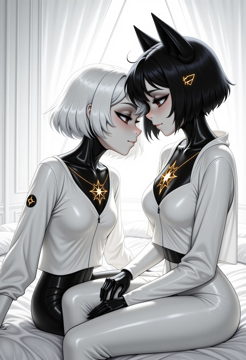 A masterpiece, best quality illustration in newtooncore style, side view at a Dutch angle: two women grace a minimalist white bedroom. The first is a black-and-white android girl with large cat-like ears, sitting gracefully on a pristine white bed. Her entire form is rendered in glossy monochrome tones, her short bob-cut hair a smooth gradient from white to charcoal, with soft reflections dancing across her sleek, reflective black and silver plating sculpted in smooth, organic curves. Her face is minimalist yet expressive, featuring large dark eyes and a small glowing symbol at the center of her forehead. She wears an oversized pure white shirt that drapes loosely, creating stark contrast against her metallic skin. At the center of the shirt glows a highly detailed, radiant compass emblem — ornate and luminous, like a relic from a divine machine. Faint golden sparkles drift in the air around her, illuminating the soft fabric and imbuing the scene with sacred sci-fi reverence.

Beside her, the second woman contrasts beautifully — human, with soft, flowing hair and warm skin tones, dressed in elegant, futuristic clothing that complements the android’s design. She leans slightly forward, her posture gentle yet attentive, her eyes full of quiet admiration and connection. Soft light caresses her features, while a gentle triangular beam of white light from above frames both figures in celestial clarity. The composition blends serenity and power, depicting a divine fusion of organic warmth and futuristic grace, the perfect harmony between human and machine.


