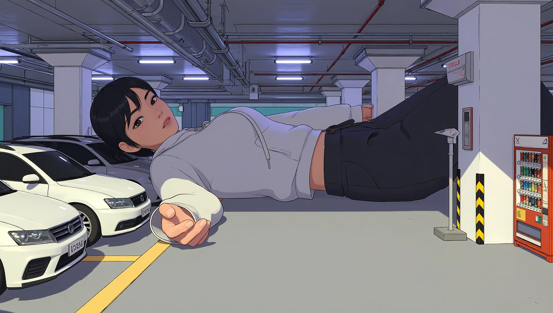 A 1980s anime cel-style screencap. In the dim stillness of an early evening parking garage, an extremely tall giant anime woman lies sprawled across the cold concrete floor. Towering and surreal, she stretches through the multi-level structure, her massive form distorting the environment around her. An oversized hoodie and loose sweatpants drape and bunch dramatically along her limbs, animated with the exaggerated folds and fluid fabric physics of vintage hand-drawn cel animation.
Her head rests sideways near a row of tiny cel-shaded carsâone nudged askew by the soft curve of her hip, subtly warped by a fisheye lens perspective. The ceiling glows with muted violet-blue LEDs, their hum barely audible as they cast gouache-like shadows across the garageâs stained gray beams. Her hoodieâs drawstring trails across the floor like a thick rope, line-weighted and jittered with classic anime charm. A faded yellow parking stripe curves beneath her open palm, underscoring her overwhelming scale.
A stylized security camera, rendered in mechanical crosshatching and thick outlines, leans uselessly toward her, unable to capture her full presence. Nearby, a pair of brightly colored vending machinesâminiature by comparisonâsit beside the curve of her foot, evoking a quiet urban surrealism.
Her expression is dreamlike and serene: half-lidded anime eyes mid-blink, suspended between drowsy wonder and distant thought. She exhales softly, the sound lost beneath the echo of distant car alarms, their reverb stretching into the stillness. Around her, the architecture warps subtlyârigid concrete seeming to bow in quiet deferenceâimbuing the scene with a dreamlike tension, frozen in a moment of cel-frame melancholy.