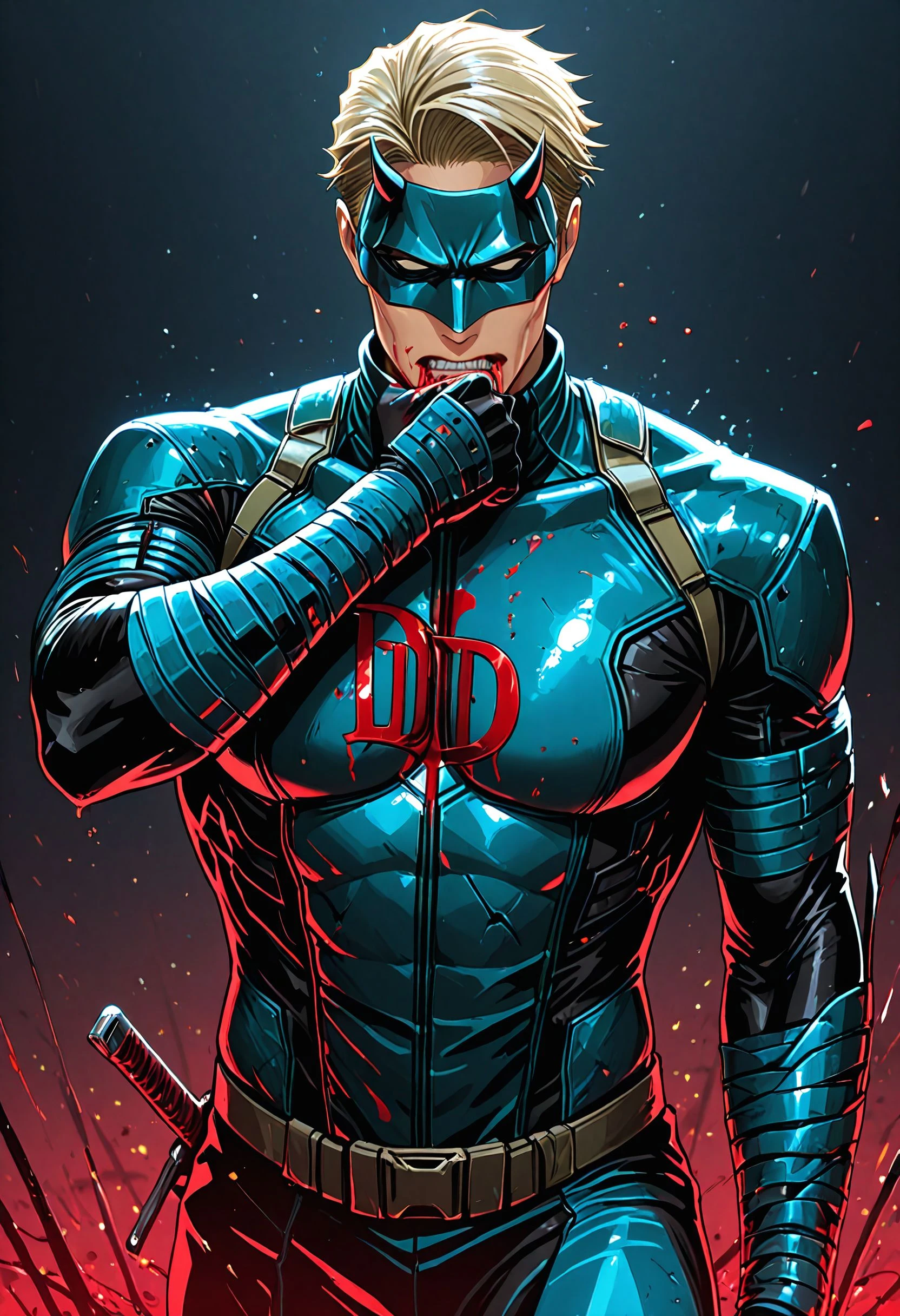 masterpiece, best_quality, amazing quality, newest, illustration, 1boy, man, solo, nanami_kento, blade, daredevil cosplay,  (wiping mouth), horns, mask with horns, printed body suit, blood on mouth, drooling, clenched_teeth, "dd" on chest,
<lora:Female DaredevililluLoRA:1>