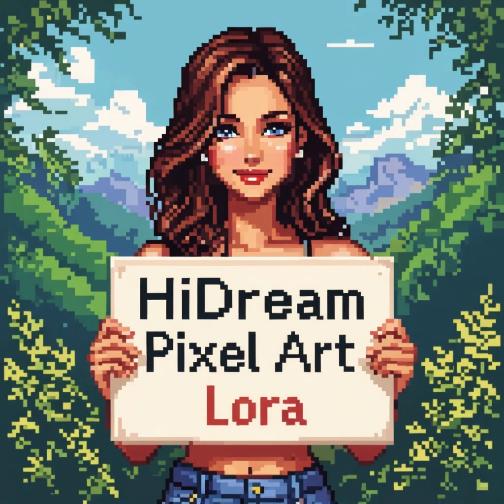 Pixel art style.  Attractive woman holds a sign that reads, "HiDream Pixel Art Lora"  