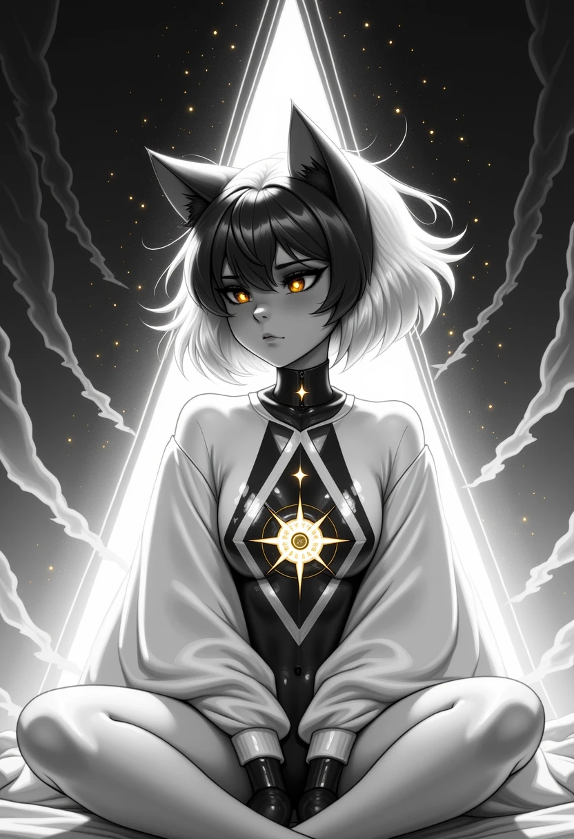 newtooncore, side view, dutch angle, A black-and-white android girl with large cat-like ears sits gracefully on a white bed, her entire form rendered in glossy monochrome tones. Her short bob-cut hair is a smooth gradient of white to charcoal, with soft reflections playing across her sleek surface. Her face is minimalist yet expressive, with large dark eyes . A small glowing symbol in the center of her forehead. Her body is composed of reflective black and silver plating, sculpted in smooth, organic curves. She wears an oversized pure white shirt that drapes loosely over her frame, creating a stark contrast against her metallic skin. At the center of the shirt glows a highly detailed, radiant compass emblem — ornate and luminous, like a relic from a divine machine. Around her, faint golden sparkles drift in the air, illuminating the soft fabric and giving the scene a sacred, sci-fi reverence. A gentle triangular beam of white light descends from above, framing her in celestial clarity. The composition feels serene yet powerful — a black-and-white goddess wrapped in divine light and futuristic grace.