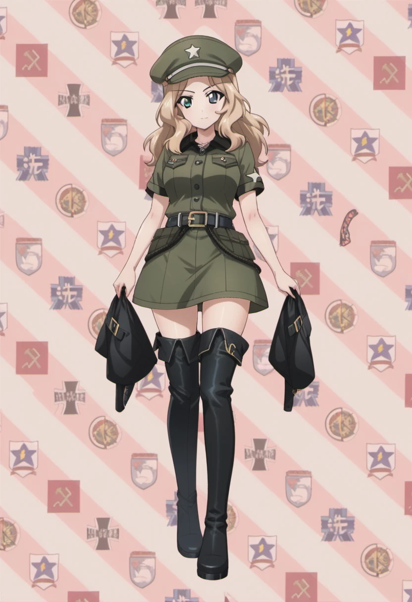 score_9, score_8_up, score_7_up, source_anime, kay (girls und panzer), blonde hair, blue eyes, long hair, 1girl, hat, solo, black footwear, thighhighs, boots, thigh boots, black belt, belt, looking at viewer, short sleeves, standing, holding