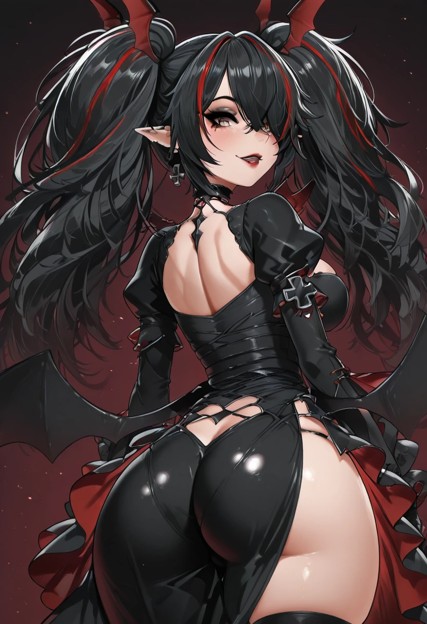 masterpiece, best quality, solo, curvy, beautiful eyes, narrow waist, wide , 1girl, solo, smile, looking at viewer, foreshortening, close up, zZ24, hair between eyes, yellow eyes, black hair, hair ornament, long hair, multicolored hair, pointy ears, red hair, streaked hair, twintails, two-tone hair, wing hair ornament, cross, cleavage, black choker, iron cross, choker, dress, wings, black dress, <lora:Z24Azurlane_IXL:1.0>, , solo, looking at viewer, simple background, , cowboy shot, looking back, , hair over one eye, lips, , makeup, piercing, cross, lipstick, ear piercing, eyeshadow, shiny clothes, gothic, <lora:ElfFio_IXL_v2:0.8>,