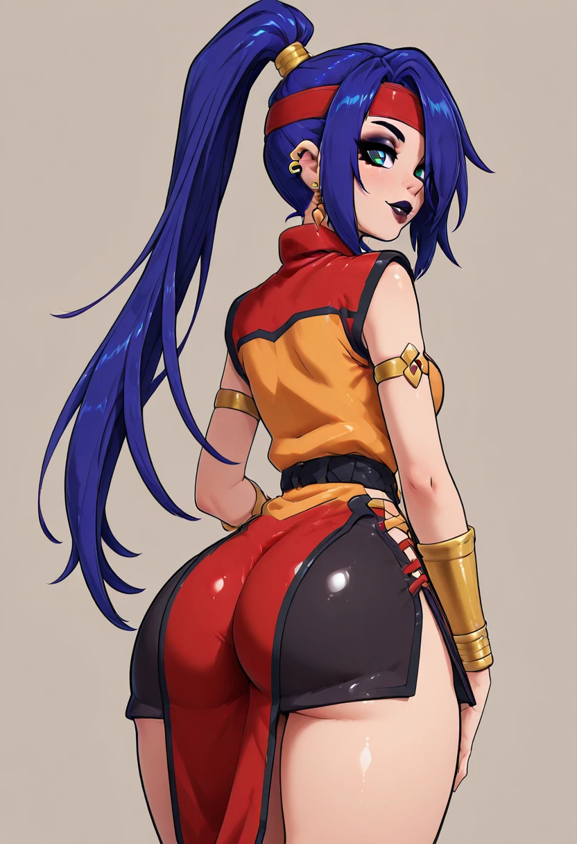 masterpiece, best quality, solo, curvy, beautiful eyes, narrow waist, wide hips, 1girl, solo, smile, looking at viewer, foreshortening, close up,      zzMariam, green eyes, long hair, blue hair, ponytail,   headband, belt, earrings, bracelet, dress, chinese clothes, black skirt,   ,  <lora:MariamBeybladeIXL:1.0>, , solo, looking at viewer, simple background, ass, cowboy shot, looking back, from behind, hair over one eye, lips,  skindentation, makeup, piercing, cross, lipstick, ear piercing, eyeshadow, shiny clothes, gothic, <lora:ElfFio_IXL_v2:0.8>,