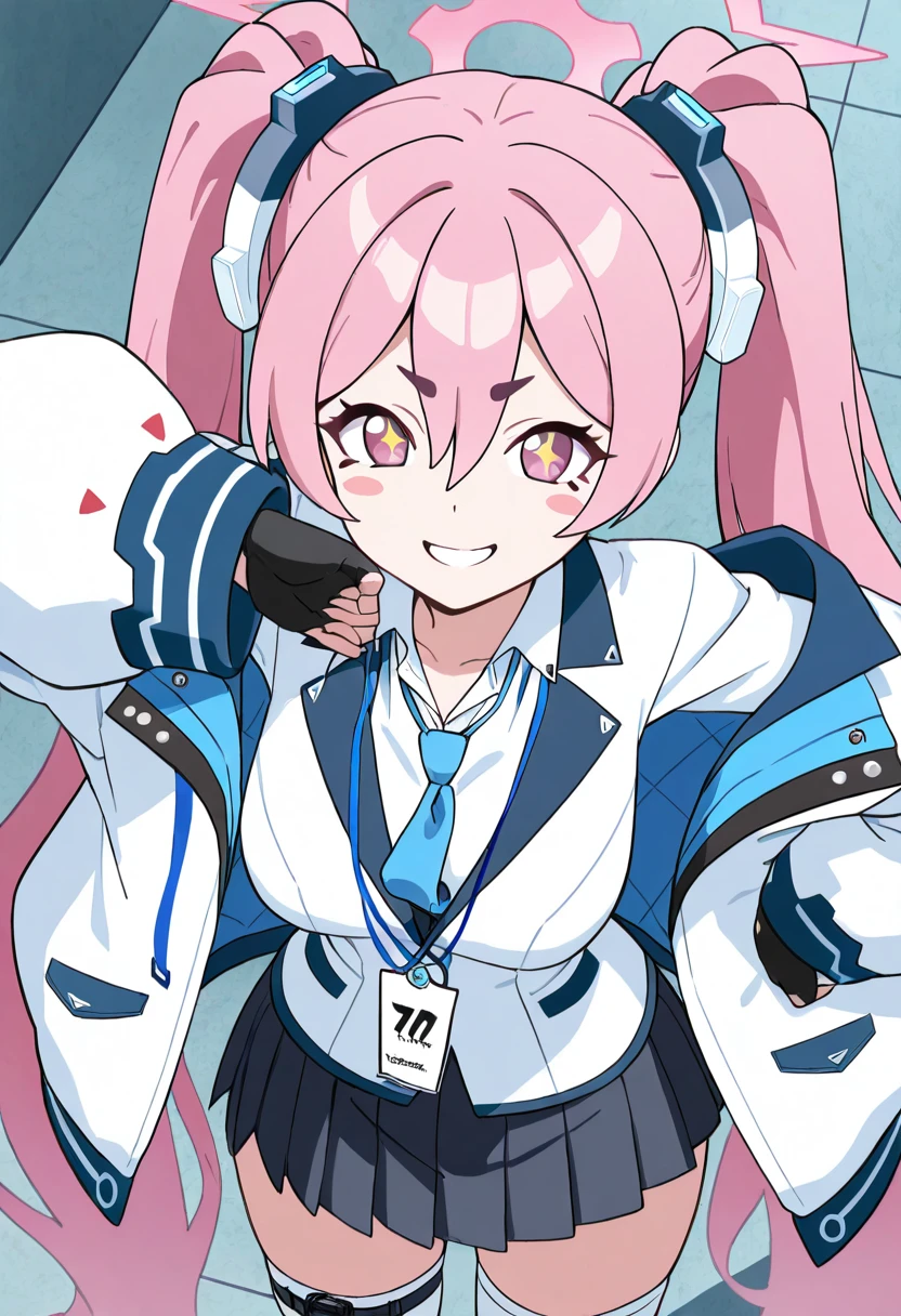 masterpiece, best quality, solo, curvy, beautiful eyes, narrow waist, wide hips, 1girl, solo, smile, looking at viewer, zzKoyuki, pink eyes, hair between eyes, long hair, pink hair, pink halo, twintails, hair ornament, aged up, large breasts, black skirt, blue necktie, collared shirt, long sleeves, pleated skirt, white jacket, white shirt, white thighhighs, black gloves, blush stickers, id card, open jacket, <lora:KurosakiKoyukiBlueArchive_IXL_v1:1.0>, from above, dynamic pose, cowboy shot, smile, looking at viewer, shiny skin,