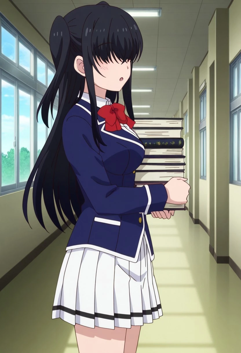 finetuneanime,anime screencap, official art, detailed anime, ultra detailed anime art, anime screencap, screencap, score 9, score 8 up, score 7 up, masterpiece, anime coloring, source anime,
BREAK
SayoUniform, 1girl, solo, black hair, long hair, twintails, hair over eyes, medium breasts, fair skin, NEGATIVE_HANDS,
BREAK
school uniform, white pleated skirt, red bowtie, blue blazer, long sleeves, white shirt, blue socks, brown loafers,
BREAK
cowboy shot, standing, side view, open mouth, :o, holding books on chest, indoor, school, school hallway, day, detailed background,
