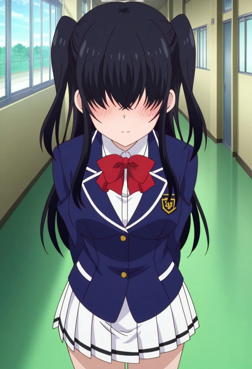 finetuneanime,anime screencap, official art, detailed anime, ultra detailed anime art, anime screencap, screencap, score 9, score 8 up, score 7 up, masterpiece, anime coloring, source anime,
BREAK
SayoUniform, 1girl, solo, black hair, long hair, twintails, hair over eyes, medium breasts, fair skin, NEGATIVE_HANDS,
BREAK
school uniform, white pleated skirt, red bowtie, blue blazer, long sleeves, white shirt, blue socks, brown loafers,
BREAK
cowboy shot, standing, blush, hands at back. indoor, school, school hallway, day, detailed background,