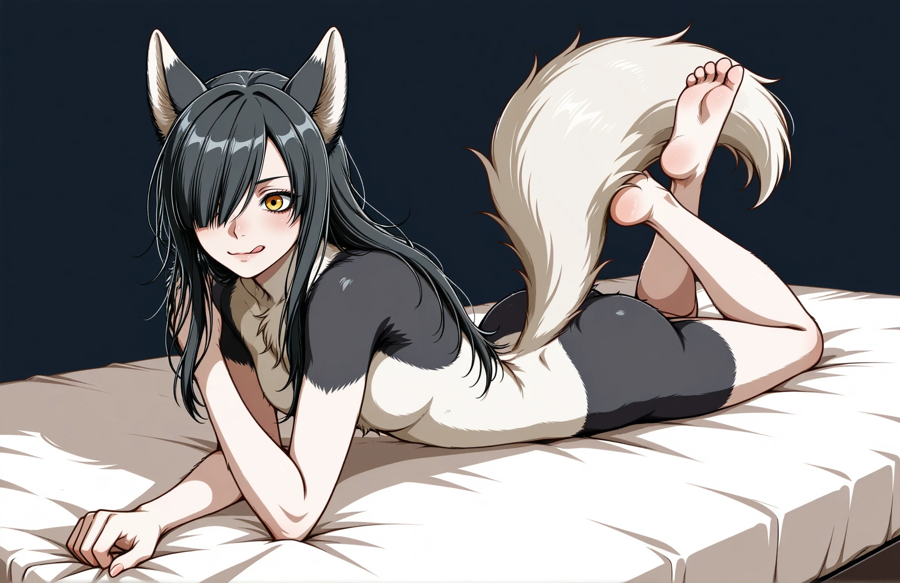 score_9,score_8_up,score_7_up, (a young nerdy Anthro furry wolf woman, wolf snout, white furry body, tall, black hair in a pony tail, white wolf tail, blue eyes, white wolf ears, white wolf tail, small breasts, naked, wearing only black thigh high socks, black thong), on her hands and knees, on the ground, in a cozy living room, she is squinting her eyes, pouting, looking down, looking away, searching for something on the ground, 