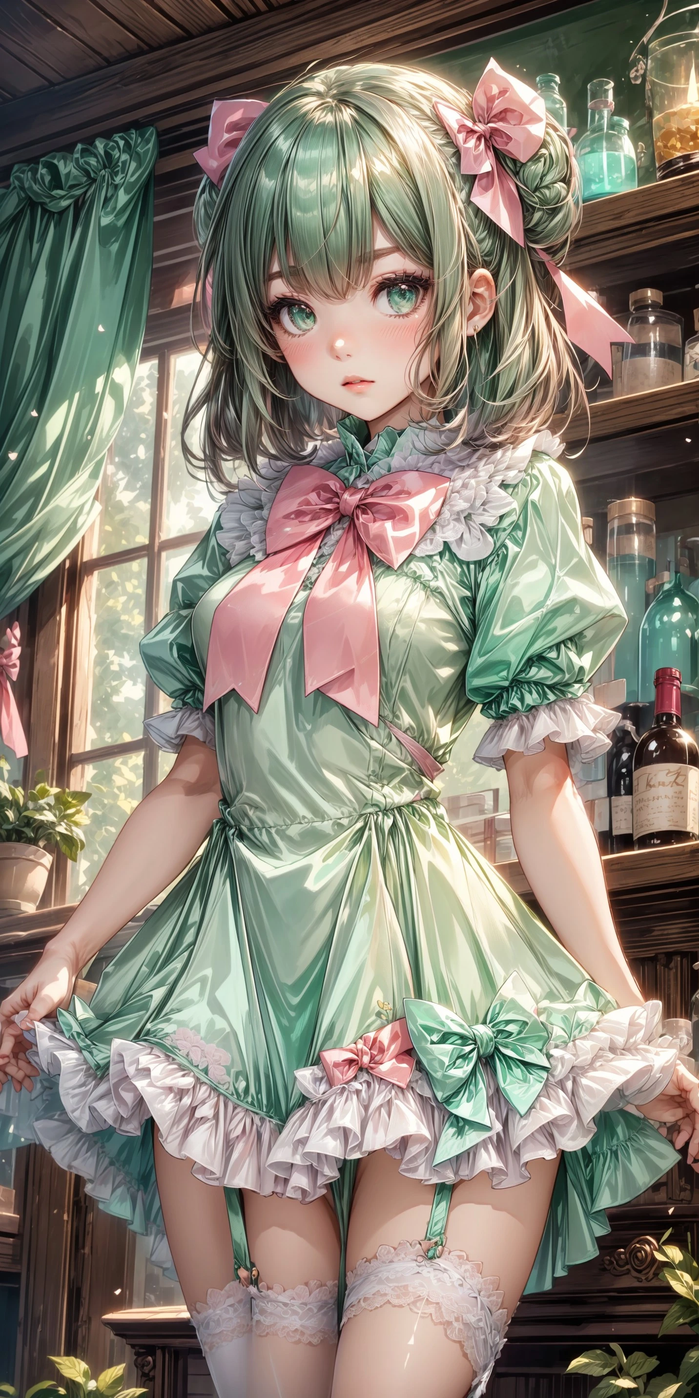 1girl, blushing, full face blushing, mint green shiny satin puffy dress, white lace peter pan collar, mint green lace-trimmed puffy short sleeves, white lace, white lace trim, (white lace trim on puffy short sleeves), mint green short attached ribboned dress skirt, white (puffy petticoat), petticoat under dress, pink bows, pink large shiny satin bowtie, <lora:more_details:0.7>, <lora:scene_:0.5>, <lora:FashionComplexityEnhancerLORAv1:0.4>, <lora:ada14372-730c-4a75-85b0-f88aad1e5b06:0.6>, <lora:2e7fa73a-6616-4428-8b5f-0e65efaa9198:0.4>, <lora:bar:0.4>, <lora:96073874-f082-4683-942e-601cecac5c40:0.3>, <lora:f7d08feb-f21d-42d0-9ef1-a9481867524d:0.3>, , , , ,
