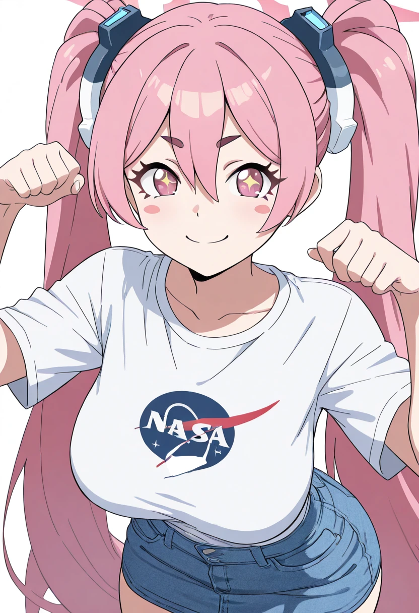 masterpiece, best quality, solo, curvy, beautiful eyes, narrow waist, wide hips, 1girl, solo, smile, looking at viewer, dynamic pose, paw pose,   zzKoyuki, pink eyes, hair between eyes, long hair, pink hair, pink halo, twintails, hair ornament, aged up, large breasts,   <lora:KurosakiKoyukiBlueArchive_IXL_v1:1.0>,  , smile, looking at viewer, N4S4, white shirt, denim skirt, ,<lora:NASAShirtAnime_IXL_v1:1.0>,