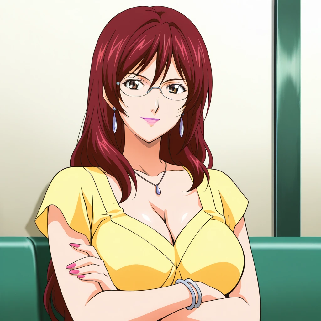 Mixed_artstyle, dexter mom, (solo), square face, meolooking at viewer, 1 milf, orange hair, mother, houseWife, beauty mark, sexy lips, big breasts, big waist, thick, censored, (sfw), winking,