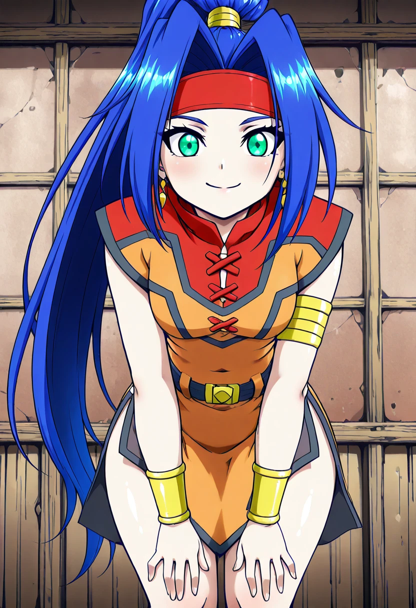 masterpiece, best quality, solo, curvy, beautiful eyes, narrow waist, wide hips, 1girl, solo, smile, looking at viewer, foreshortening, close up, zzMariam, green eyes, long hair, blue hair, ponytail, headband, belt, earrings, bracelet, dress, chinese clothes, black skirt, , <lora:MariamBeybladeIXL:1.0>, , cowboy shot, leaning forward, smile, looking at viewer, shiny skin,