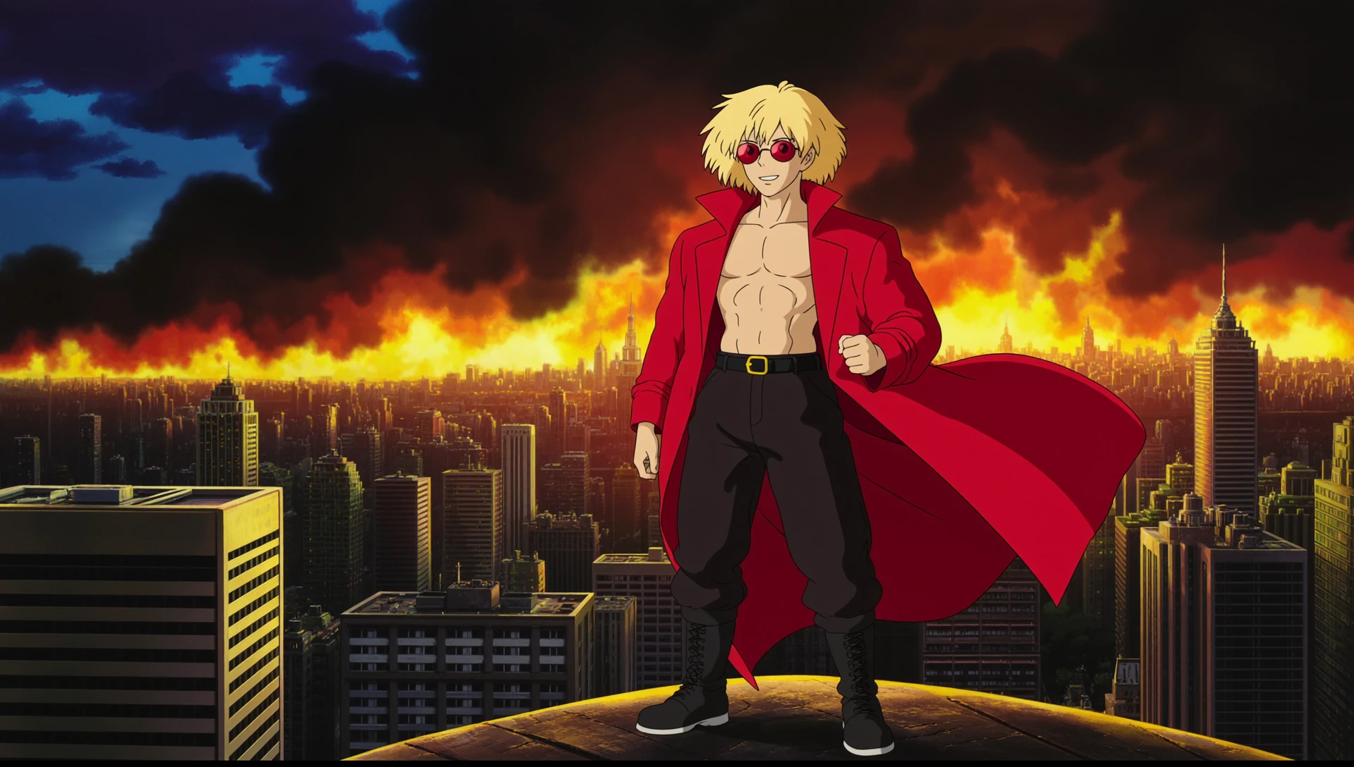 an anime screencap in solo leveling style of
, , Here's a description of the character based on your request:
The scene depicts a young man standing atop a skyscraper, overlooking a city engulfed in flames. He wears a striking crimson longcoat that billows slightly in the smoky air. Beneath the coat, his chest is bare, revealing smooth skin. His hair is a bright, sun-kissed blonde, styled casually. Perched on his nose are round sunglasses with vibrant red lenses, obscuring his eyes but not the sardonic smile playing on his lips. He gazes out at the inferno consuming the cityscape below with an expression of detached amusement.,
masterpiece,
