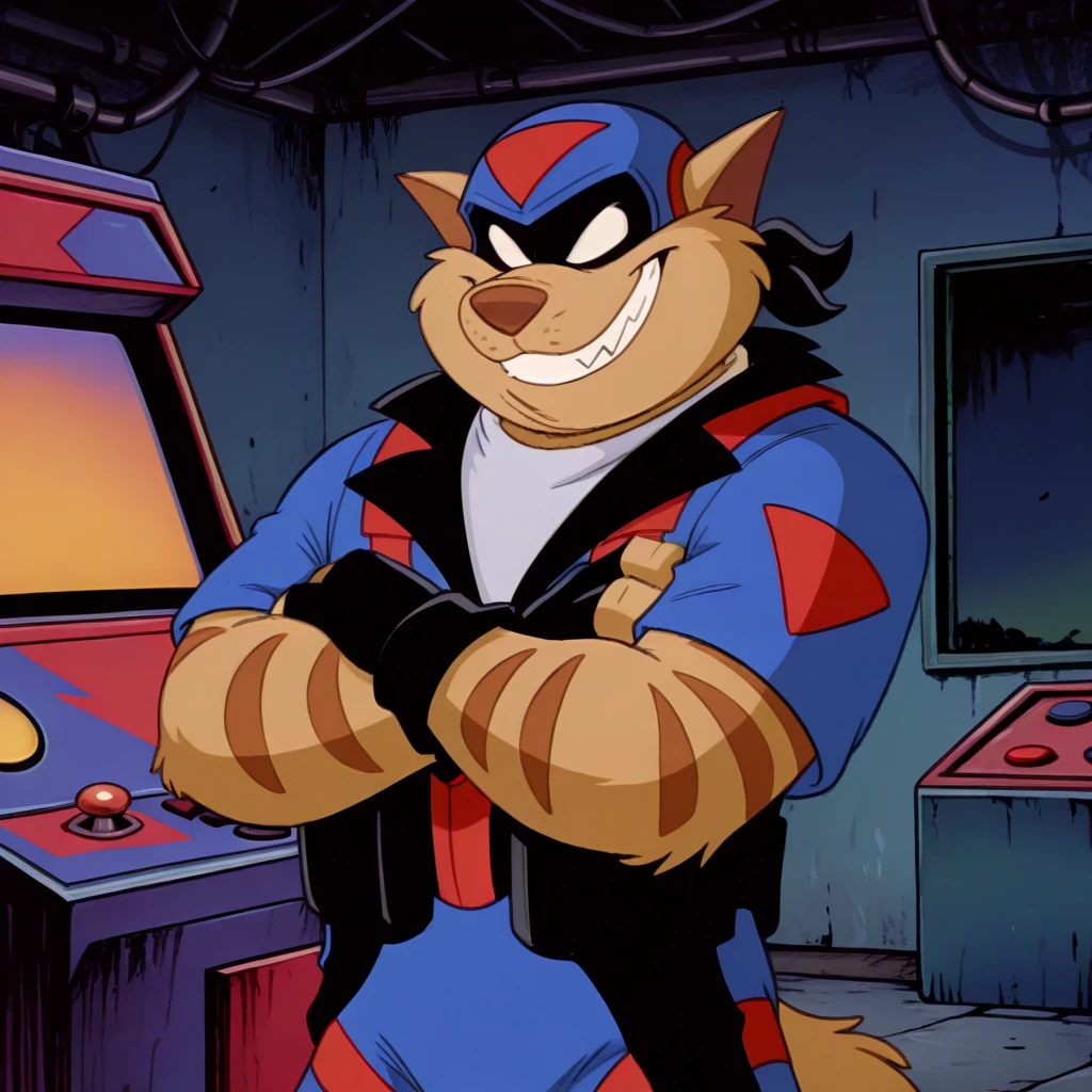 <lora:Chance_Furlong_-_Illustrious:1> Chance Furlong, 1boy, portrait, crossed arms, grin, flight suit, helmet, mask, blank eyes, basement, arcade machines, fingerless gloves, masterpiece