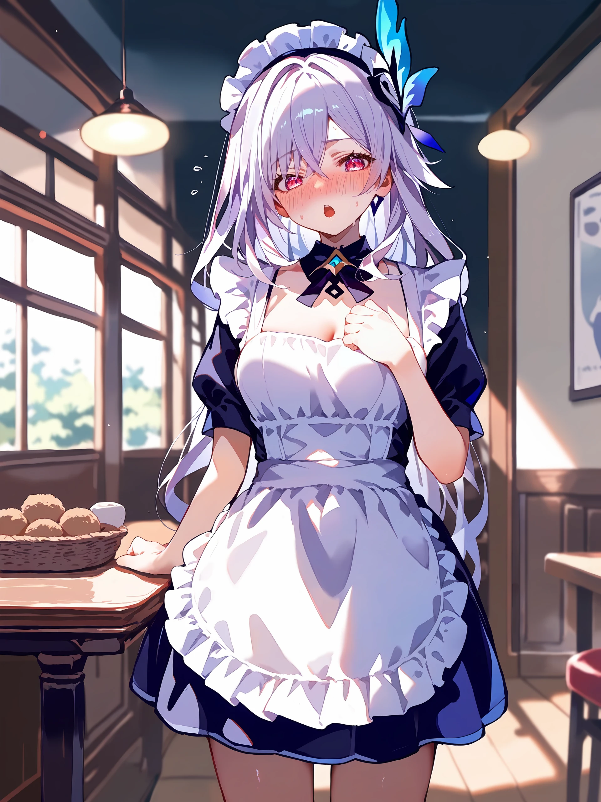 score_9, score_8_up, score_7_up, source_anime, ray tracing, best quality, <lora:Char-Genshin-Skirk-V2-Pony:0.9:hr=0.6> <lora:pony-softNai3Style:0.7>, softNai3Style, 1girl, solo, skirk \(genshin impact\), solo, maid, maid headdress, maid apron, embarrassed, open mouth, blush, parted lips, looking at viewer, cowboy shot, bar \(place\), indoors, depth of field