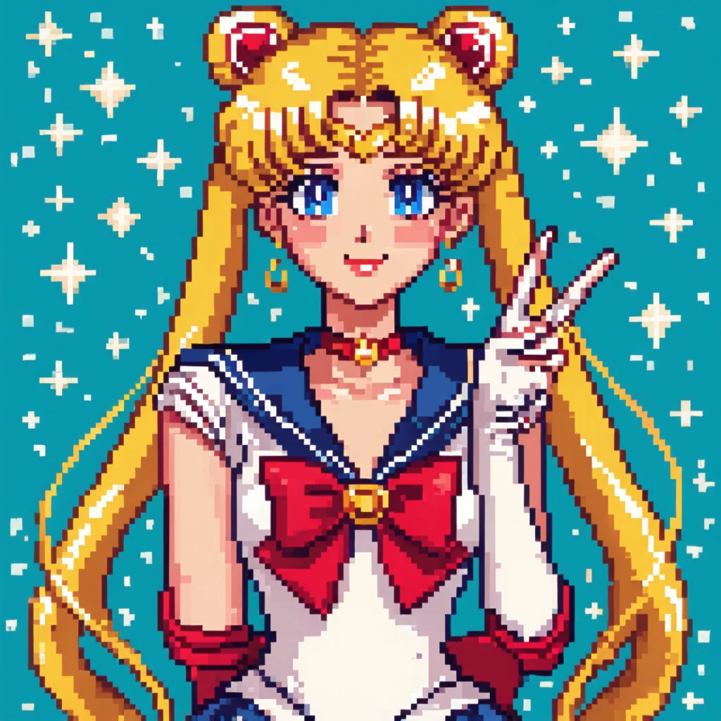 Pixel art style. Portrait of Sailor Moon.  She is giving the peace sign.