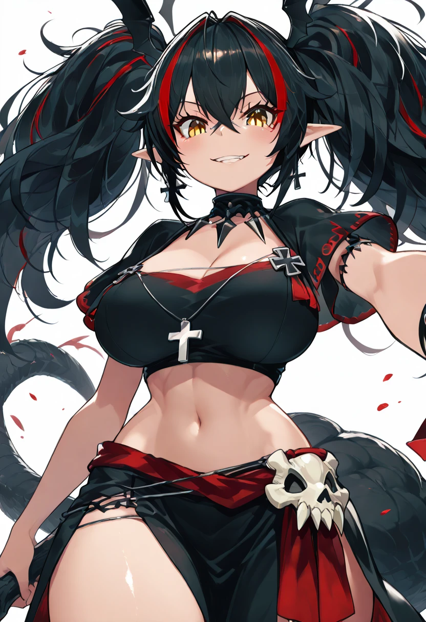 masterpiece, best quality, solo, curvy, beautiful eyes, narrow waist, wide hips, 1girl, solo, smile, looking at viewer, foreshortening, close up, zZ24, hair between eyes, yellow eyes, black hair, hair ornament, long hair, multicolored hair, pointy ears, red hair, streaked hair, twintails, two-tone hair, wing hair ornament, cross, <lora:Z24Azurlane_IXL:1.0>, , smile, looking at viewer, cowboy shot, large breasts, wild, zzSavage, animal ears, bone necklace, tribal, animal print, midriff, tail, <lora:SavageNAI:1.0>,