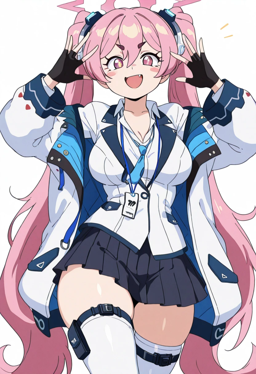 masterpiece, best quality, solo, curvy, beautiful eyes, narrow waist, wide hips, 1girl, solo, smile, looking at viewer, zzKoyuki, pink eyes, hair between eyes, long hair, pink hair, pink halo, twintails, hair ornament, aged up, large breasts, black skirt, blue necktie, collared shirt, long sleeves, pleated skirt, white jacket, white shirt, white thighhighs, black gloves, blush stickers, id card, open jacket, <lora:KurosakiKoyukiBlueArchive_IXL_v1:1.0>, , smile, looking at viewer, cowboy shot, <lora:CuteRetroStyle_IXL_v1:1.2>,
