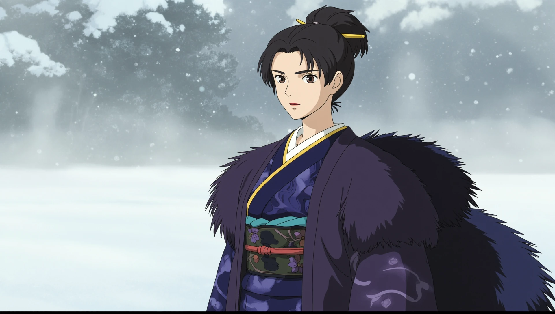 an anime screencap in ghibli style of 

, , A lone soldier stands in a desolate trench during World War I. He is clad in the muddy, tattered uniform of the era, his face etched with weariness and grim determination. Snowflakes drift down, blanketing the scarred earth and the splintered wooden supports of the trench. His rifle is held loosely, resting against his arm and leaning against the rough, damp wall of the trench. His helmet, also dusted with snow, sits low on his brow, obscuring his eyes somewhat, but the set of his jaw speaks of resilience. The atmosphere is one of stark isolation and the quiet, ever-present threat of conflict., 
masterpiece, 
