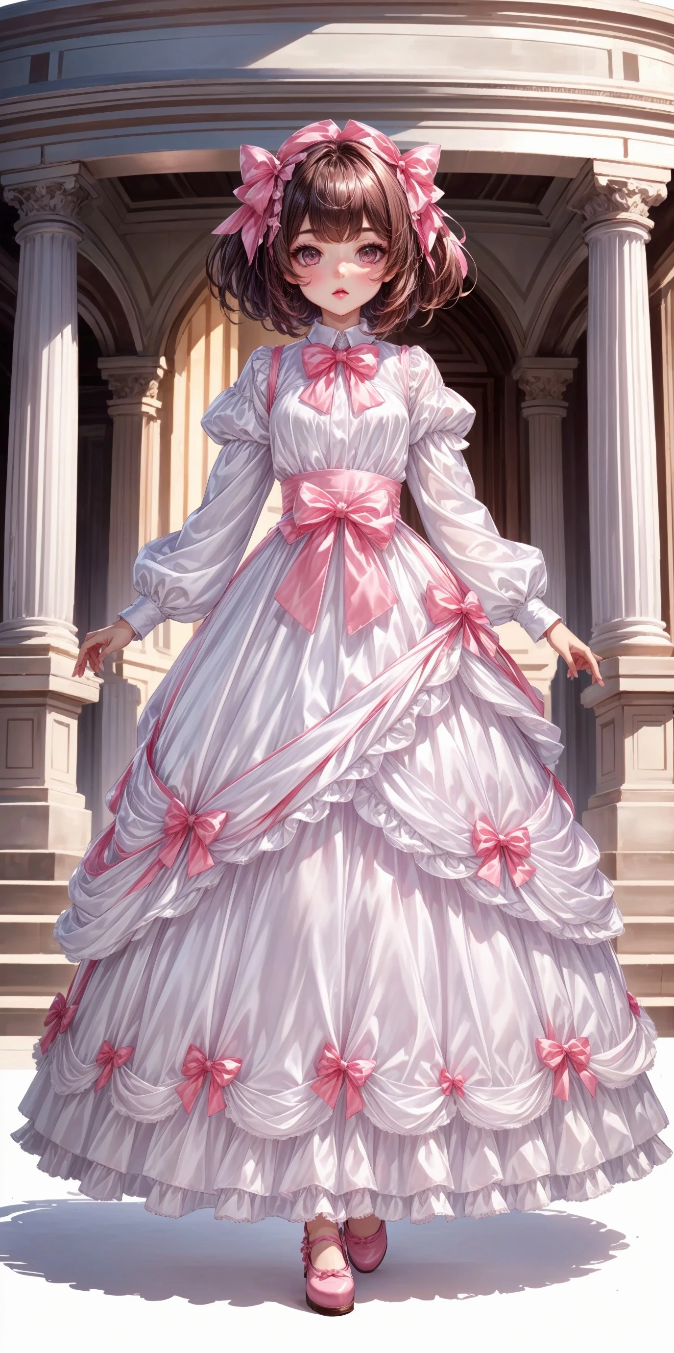 ((fullbody)) (front facing, facing viewer) 1girl, white long shiny satin dress, white high attached collar, white long sleeves, pink waist ribbon, white long attached (ribboned tiered shiny satin dress_skirt), bows, pink bows, pink bowtie, white lace, white lace trim, <lora:more_details:0.7>, <lora:scene_:0.5>, <lora:FashionComplexityEnhancerLORAv1:0.4>, <lora:d0c416d0-5269-48fd-a9e2-27157b4ae115:0.6>, <lora:96073874-f082-4683-942e-601cecac5c40:0.3>, <lora:f7d08feb-f21d-42d0-9ef1-a9481867524d:0.3>, <lora:5844635f-c9c3-4f9e-85c4-d0d40f201159:0.3>, <lora:dde4416e-9f24-48d4-a965-d989baea5d73:0.2>, , ,