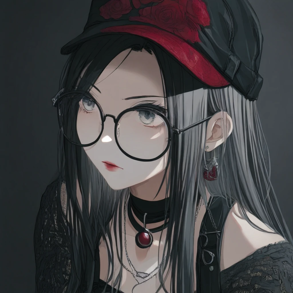 Rosalinmb2, long hair, black hair, glasses, jewelry, choker, hat, 1girl, solo,