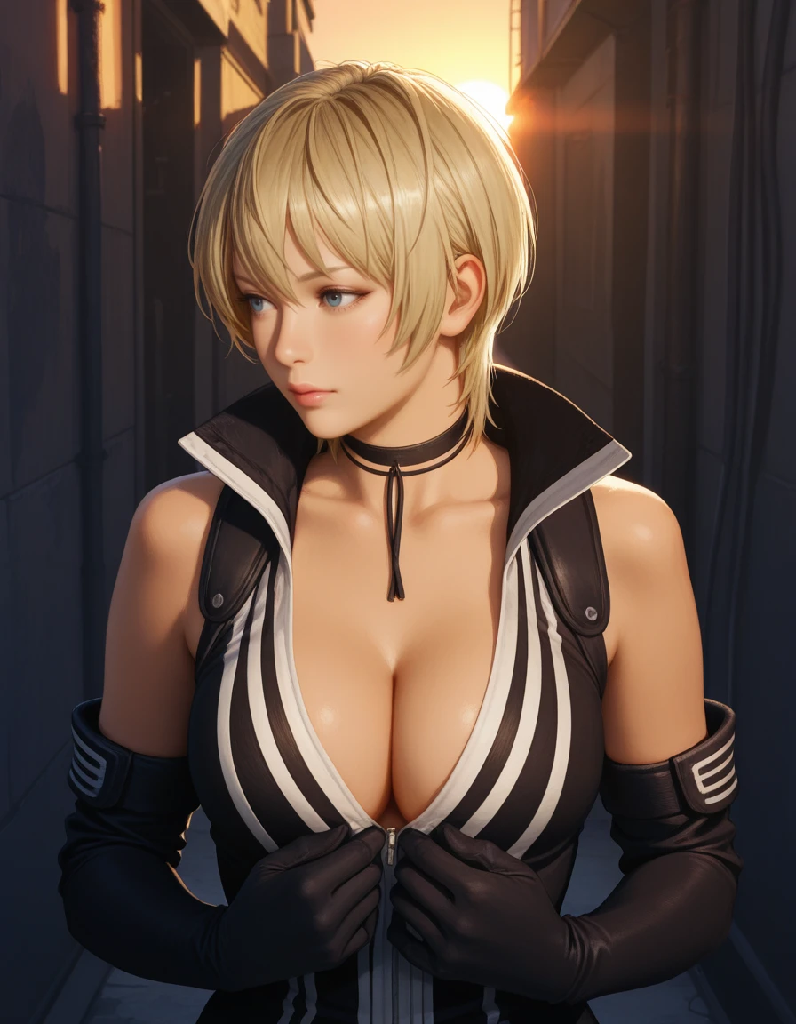 kurosaki mea、最high quality、high quality,, ((Masseter muscle area)), ((High resolution)), ((最high quality)), detailed, ((Glowing Skin)), ((huge 、Blonde、Short Bob))、(Black Bondage, White jacket, Black shorts), Voluptuous bust, exposed navel, Bowl-shaped big breasts, (View from the front、Looking at the audience:1.5)、((background:futuristic facility:1.4))