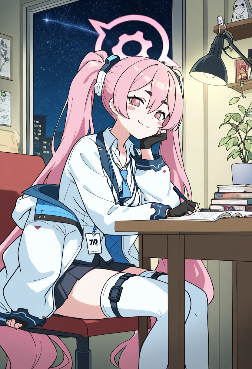 masterpiece, best quality, solo, curvy, beautiful eyes, narrow waist, wide hips, 1girl, solo, smile, looking at viewer, zzKoyuki, pink eyes, hair between eyes, long hair, pink hair, pink halo, twintails, hair ornament, aged up, large breasts, black skirt, blue necktie, collared shirt, long sleeves, pleated skirt, white jacket, white shirt, white thighhighs, black gloves, blush stickers, id card, open jacket, <lora:KurosakiKoyukiBlueArchive_IXL_v1:1.0>, , zzLofi, sitting, side view, desk, chair, book, bookshelf, head rest, holding, holding pen, lamp, night, open book, pen, plant, potted plant, sky, star (sky), starry sky, window, windowsill, writing, <lora:LofiGirl_Style_IXL:0.8>,