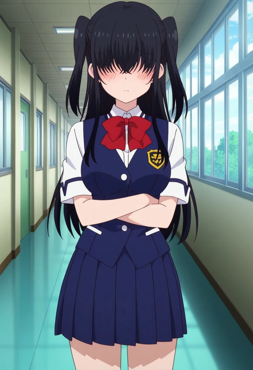 finetuneanime,anime screencap, official art, detailed anime, ultra detailed anime art, anime screencap, screencap, score 9, score 8 up, score 7 up, masterpiece, anime coloring, source anime,
BREAK
SayoVest, 1girl, solo, black hair, long hair, twintails, hair over eyes, medium breasts, fair skin, NEGATIVE_HANDS
BREAK
school uniform, blue pleated skirt, red bowtie, blue vest, short sleeves, white shirt, blue socks, brown loafers,
BREAK
cowboy shot, standing, arms crossed, blush, indoor, school, school hallway, day, detailed background,