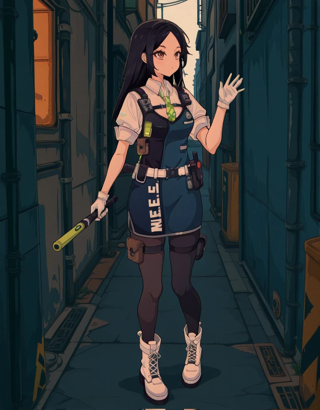 solo, <lora:AESita:0.8> AESita, brown eyes, black hair, long hair, parted bangs, blue dress, green necktie, collared shirt, short sleeves, white shirt, white gloves, holster, walkie-talkie, belt, black pantyhose, thigh strap, cross-laced footwear, white footwear,
<lora:AEAndroid:1> full body, alley, holding baton \(weapon\), sneaking,, masterpiece, best quality, high quality, highres, 4k, newest, anime,