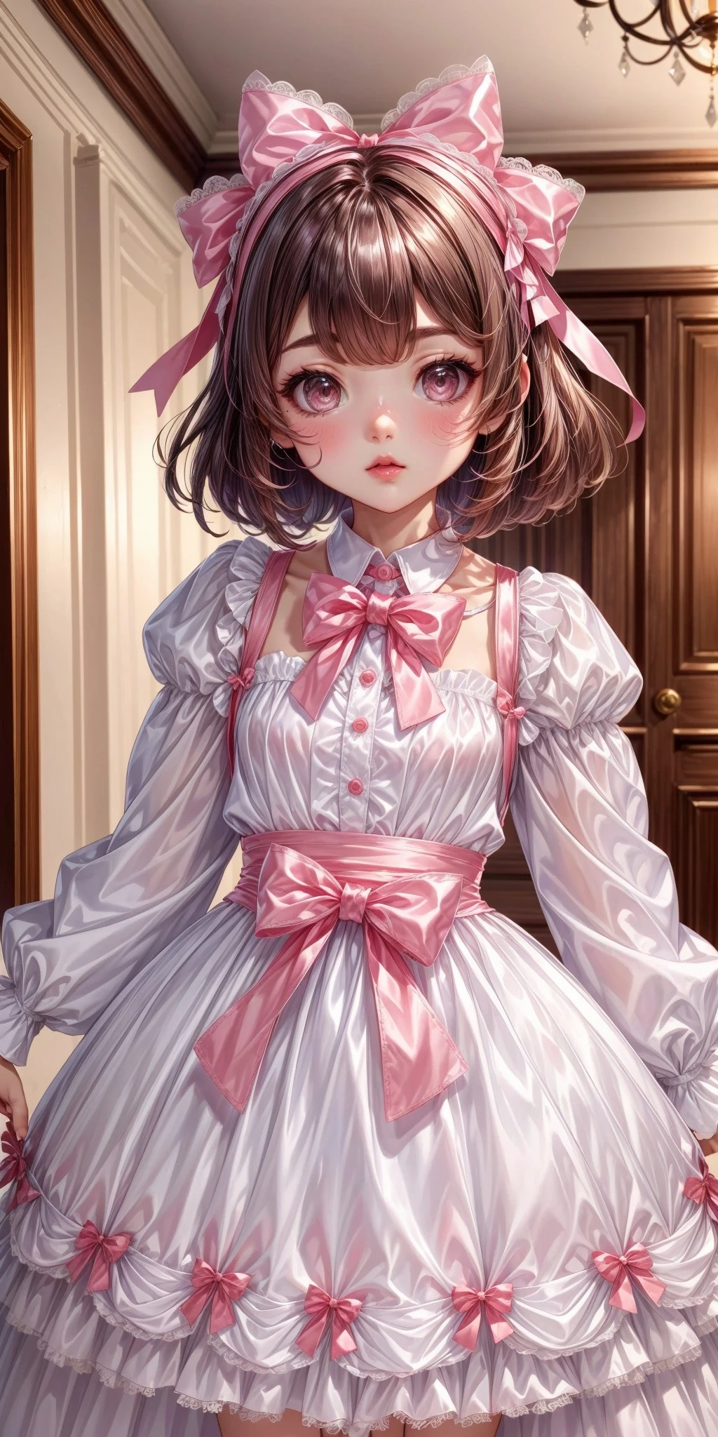 (front facing, facing viewer) 1girl, white long shiny satin dress, white high attached collar, white long sleeves, pink waist ribbon, white long attached (ribboned tiered shiny satin dress_skirt), bows, pink bows, pink bowtie, white lace, white lace trim, <lora:more_details:0.7>, <lora:scene_:0.5>, <lora:FashionComplexityEnhancerLORAv1:0.4>, <lora:d0c416d0-5269-48fd-a9e2-27157b4ae115:0.6>, <lora:96073874-f082-4683-942e-601cecac5c40:0.3>, <lora:f7d08feb-f21d-42d0-9ef1-a9481867524d:0.3>, <lora:5844635f-c9c3-4f9e-85c4-d0d40f201159:0.3>, <lora:dde4416e-9f24-48d4-a965-d989baea5d73:0.2>, , ,